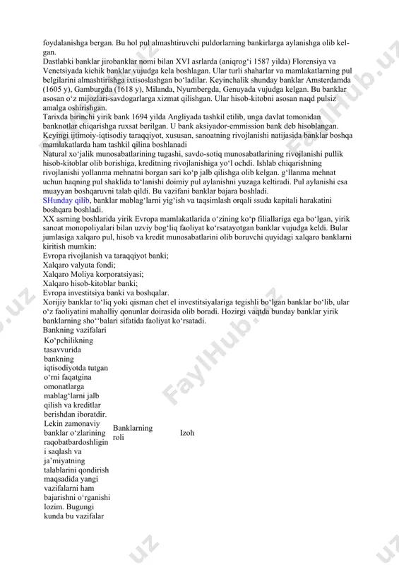 sh va ular bilan bog‘liq bo‘lgan tijorat loyihalarni moliyalashtirish bilan shug‘ullanadilar 14. omonat, ssuda berish bilan shug‘ullanuvchi assotsiatsiyalar asosan xususiy shaxslar va oilalarga omonat depozitlarga jamg‘ariladigan mablag‘lar rejalarini, shuningdek uy-joy qurish uchun kredit taklif qiladilar 80-yillarda qimmatli qog‘ozlar oldi-sotdisi va brokerlik bilan keng faoliyat boshlagan «meril linch» va «dreyfus korporeyshn» firmalari bank bo‘lmagan banklarga misol bo‘la oladi. tovar-pul munosabatlarining vujudga kelishi va ularning rivojlanib borishi banklarning paydo bo‘lishiga asos soladi. o‘rta asrlarda banklar dastlab puldorlar tomonidan pulni qabul qilish va boshqa davlat shahar puliga almashtirib berish asosida kelib chiqqan. keyinchalik puldorlar bo‘sh turgan mablag‘laridan foyda olish maqsadida qarz so‘ragan subektlariga vaqtinchalik foydalanishga bergan. bu hol pul almashtiruvchi puldorlarning bankirlarga aylanishga olib kelgan. dastlabki banklar jirobanklar nomi bilan xvi asrlarda (aniqrog‘i 1587 yilda) florensiya va venetsiyada kichik banklar vujudga kela boshlagan. ular turli shaharlar va mamlakatlarning pul belgilarini almashtirishga ixtisoslashgan bo‘ladilar. keyinchalik shunday banklar amsterdamda (1605 y), gamburgda (1618 y), milanda, …