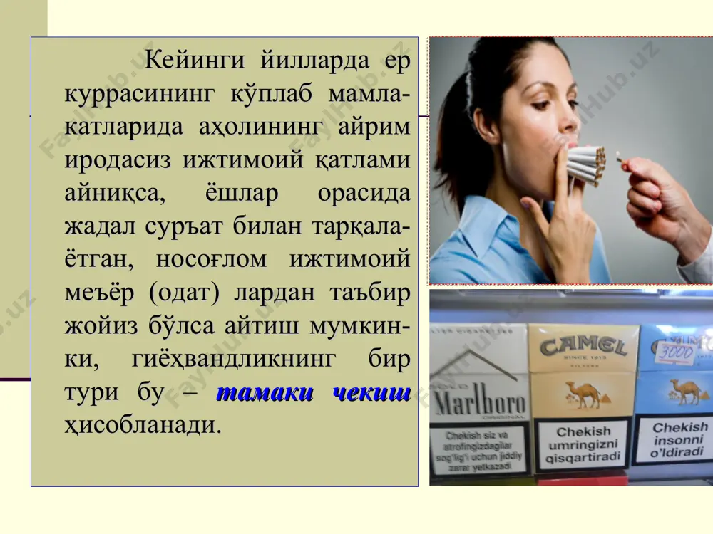 огик вазиятнинг издан чиқиши кузатилаётган бир пайтда чекувчи-ларнинг чекиши сабабли ҳар йили ҳавога 550 минг тонна ис гази, 720 тонна цианид кислотаси, 108 минг тонна никотин, 384 минг тонна аммиак ва 600 минг тонна қурум чиқади. бир кунда неча пачка сигарета чекасиз? 0.5 пачка 56.7% 1- пачка 10.1% никатиннинг заҳарлилик даражаси никатинга ботирилган таёқча қуш тумшуғига теккизилса ўлади. томчи-нинг ¼ қисмида – қуён, ½ қисмида – ит ўлади. одам учун 50-100 мг ёки 2-3 томчи ўлим дозаси (бу 20-25 та сигарета чекканда тушади). 1та сигаретада 6-8 мг никатин бўлади, унинг 3-4 мг қонга ўтади. 30 йил чеккан киши 20000 та сигарета чекса – у ўртача 800 г.никатин ютади. машхур физиолог и.г.павлов – “инсон 100 ёш яшаши мумкин”. аммо биз ўзимизнинг иродасизлигимиз, сабрсизлигимиз, ўзимизни қўлга ололмаслигимиз туфайлигина бу муддатни камайтирамиз. с.п.боткин ҳам чекувчи бўлган. у ўлаётганда (57 ёш):- “агар мен чекмаганимда эди, яна 10-15 йил яшаган бўлар эдим”. ушбу салбий носоғлом …