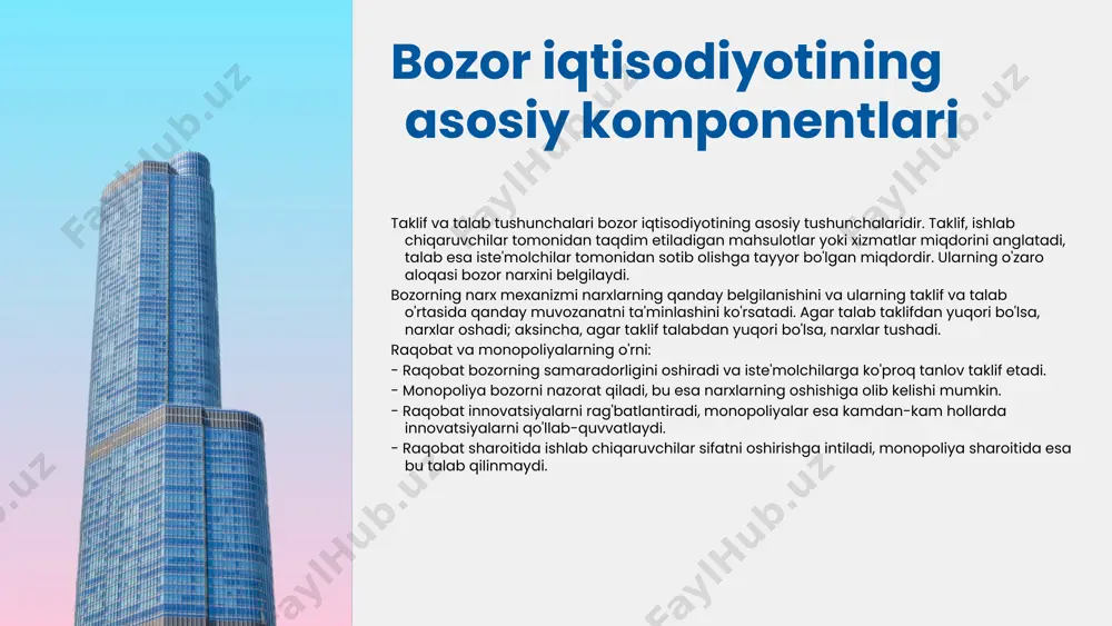 iqtisodiy barqarorlikni ta'minlashda muhim rol o'ynaydi. 4. o'zbekistonda bozor iqtisodiyotining rivojlanishi: o'zbekistonda bozor iqtisodiyotining rivojlanishi bir necha bosqichlardan o'tgan va har bir bosqich o'ziga xos ahamiyatga ega. e'tiboringiz uchun rahmat! designed by slides carnival image1.jpeg image5.jpg image3.jpeg image4.png