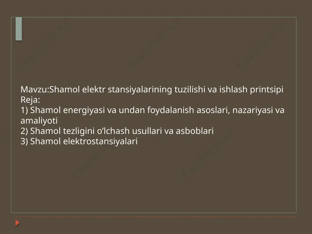 ol tezligiga to‘g‘ri proporsional va ish g‘ildiragi parraklari soniga esa teskari proporsionaldir. hozirgi kunda, seriyali ishlab chiqarilishi mumkun boigan shamol agregatlari ish (shamol) g‘ildiragining aylanishlarsoni quyidagilarga teng (ayl./min.): 3000; 1500; 1000; 250; 75; 30. shamol tezligining oshishi bilan shamol qurilmasi ish g‘ildiragining aylanishlar soni oshadi va mos holda shamol qurilmasining quvvati oshib boradi amerikaning ≪altaeros energies≫ kompaniyasi ishlab chiqqan havo shari gaz o‘tkazmaydigan mustahkam materialdan tayyorlanib, geliy yoki vodorod gazlari bilan to‘ldiriladihavo sharlari yer sathidan 500 m balandlikkacha o‘rnatilishi mumkin. havo shariga o‘rnatilgan shamol energoqurilmalari ishlab chiqaradigan elektr energiyasi, metall troslarga bog‘langan elektr simlari orqali yerga uzatiladi. kanadaning ≪magenn power≫ kompaniyasi ishlab chiqqan uchib turuvchi havo shari energetik qurilmalari ham geliy gazi bilan to‘ldiriladi. havo shari qurilmasi o‘zining gorizontal o‘qi atrofida aylanishi orqali elektr energiyasi ishlab chiqaradi. havo shari qurilmasining ma’lum balandlikdagi barqaror turishi magnus effekti hisobiga amalga oshiriladi. ishlab chiqarilgan energiya metall troslarga bogiangan elektr simlari orqali simlarni o‘rab …