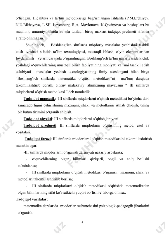 tadqiqotning nazariy ahamiyati: · iii sinflarda miqdorlarni o’qitish metodikasi о‘rganish bilan bog‘lab о‘qitish asosida tarbiyalashga yangicha yondashuv aniqlandi; · iii sinflarda miqdorlarni o’qitish metodikasi о‘rganish va bilimini mustahkamlashga doir tadbirlar mazmuni ishlab chiqiladi. tadqiqotning amaliy ahamiyati: · ishlab chiqilgan tavsiyalar tо‘rtinchi sinf matematika darslarining samaradorligini oshirish imkoniga ega. · iii sinflarda miqdorlarni o’qitish metodikasi о‘rganish о‘quvchilarni bilimli va komil inson qilib tarbiyalashda, ota-onalar, о‘qituvchi va jamoatchilikda foydalanishlari mumkin. tadqiqotning metodologik asoslari о‘zbekiston respublikasi oliy majlisining milliy mafkurani mustahkamlash tо‘g‘risidagi qaror va kо‘rsatmalari, о‘zbekiston respublikasining “ta’lim tо‘g‘risida”gi qonuni, “ kadrlar tayyorlash milliy dasturi” va i. a. karimov asarlari va boshqa ilmiy adabiyotlar metodologik asos qilib olindi. tadqiqotning asosiy metodi sifatida psixologik, pedagogik va yо‘naltiruvchi adabiyotlardan, amaldagi dasturlar, darsliklar va matematikaga oid о‘quv qо‘llanmalar tahlilidan, pedagogik kuzatuv va tajribalar, suhbatlardan foydalandik. bitiruv malakaviy ish ikki bob, xulosa,foydalanilgan adabiyotlar rо‘yxatidan iborat. i. bob. boshlang’ich sinf o’quvchilariga miqdoriy o’lchovlarni o’rganishning nazariy asoslari 1.1.uzunlik o’lchov …