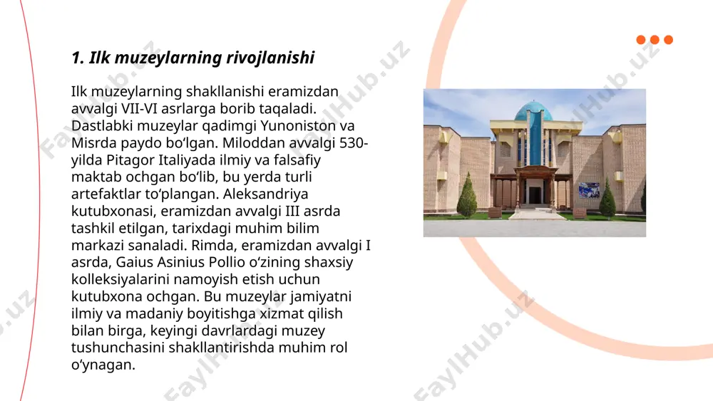 li kashfiyotlar tarixi va yutuqlari bilan tanishish mumkin. kelajakda ko'proq muzey va ilmiy markazlar ochilishi kutilmoqda, bu esa ilm-fanni ommalashtirishga yordam beradi. ... t.me/slaydai_bot 7. xvii asrda muzeylar xvii asrda muzeylar tushunchasi shakllana boshlagan bo‘lib, bu davrda ko‘pincha xususiy kolleksiyalar shaklida paydo bo‘lgan. 1600-yillarda yevropalik zodagonlar va olimlar nodir buyumlar, san'at asarlari va tabiiy eksponatlar jamlaganlar. 1628-yilda angliyada elias ashmole tomonidan tuzilgan ashmole muzeyi birinchi jamoat muzeyi hisoblanadi. 1677-yilda daniyada "ole worm" muzeyi nodir eksponatlar to‘plamini taqdim etgan. 1683-yilda londonda ochilgan britaniya muzeyi ham muhim ahamiyatga ega bo‘lgan. ushbu davrdagi muzeylar ilmiy izlanishlar va tafakkur markazi sifatida ko‘rilgan. ... t.me/slaydai_bot xviii asrda muzeylar davlat va xususiy kolleksiyalar asosida rivojlana boshladi. 1753 yilda britaniya muzeyi londonda tashkil etildi. u birinchi davlat muzeylaridan biri bo‘lib, keng ko‘lamli san’at va tarixiy buyumlarni ommaga taqdim qildi. 1793 yilda parijdagi luvr muzeyi jamoatchilik uchun ochildi, ilgari qirollik san’at kolleksiyasi saqlangan joy edi. xviii asr davomida …