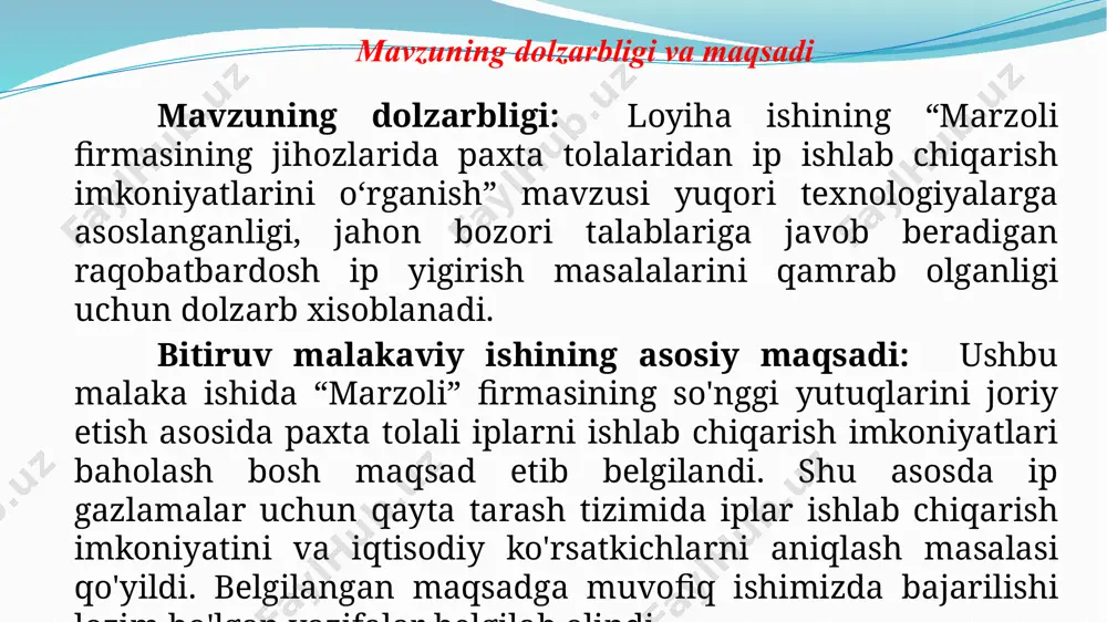 ko'payadi. qayta tarash mashinasini bir tekisda mahsulot bilan ta'minlash uchun 16-24 ta piltani paralel tarzda qo'shib xolstcha tayyorlanadi. qayta tarashga tayyorlash jarayonining moxiyati cho'zish jarayonida tolalarni tekislash, paralellash, tug'rilash, qo'shish jarayonida bir tekisda xolstcha olishdan iborat. qayta tarash jarayoni qayta tarash mashinalarida bajariladi. so'nggi paytlarda yigiruv fabrikalarida yangi-yangi qayta tarash mashinalari ishlatilmoqda. bulardan rieter, toyota firmalarining mashinalari tobora ko'proq qo'llanilmoqda. bu mashinalar- bir tomonlama bo'lib, 8 ta chiqaruvchi qismdan iborat. qayta tarash jarayonini samarali amalga oshirish uchun o'ziga xos avfzalliklari jumlasiga marzoli firmasi mashinalarini ham qo'shish mumkin. marzoli firmasi qayta tarash tizimida yigirilgan iplardan tayyorlangan mato tavsifi gazlamaning texnik ko'rsatkichlari gazlama nomi gazlama artikuli gazlama eni, sm ipning chiziqli zichligi, teks iplar soni 10sm dagi iplar soni qisqarish jami shundan qirg’oq iplari рт ра at aa 1 2 3 4 5 6 7 8 9 10 11 12 satin 620 90 18,5gr 15,4gr 18,5grx2 2455 40 275 475 3,6 7,3 …