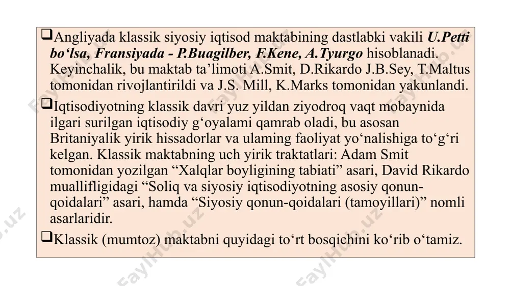 sabablari to‘g‘risida”gi mashhur asarini bosmadan chiqargan. bu asarning asosiy g‘oyasi bo‘lgan qiymatning mehnat nazariyasini isbotlash bilan bog‘liq bo‘lib, boylikning har qanday manbai qishloq xo‘jaligida ham, ishlab chiqarishda ham emas, balki mehnatda ekanligini isbotlashda bo‘ldi. a.smitning g‘oyalari uch asosga ega: birinchisi, “iqtisodiy odam”. uningcha iqtisodiy odam sanoat-bozor munosabatlarining yurgizuvchi kuchdir. ikkinchisi, “ko‘rinmas qo‘l” davlatning kam nazorati va bozoming o‘z-o‘zini tartibga soluvchi kuchdir. “ko‘rinmas qo‘l” bu iqtisodiy qonunlaming obyektiv harakatidir deb tushintiriladi. uchinchisi, boylik bu iqtisodiy munosabatlar obyekti va maqsadli funksiyasidir. uchinchi bosqich (xix asr birinchi yarmi) d.rikardo, t.maltus, n.senor, j.b.sey va f.bastnalar bilan bog‘liq davr. ular ichida david rikardoning qarashlari alohida o‘rin egallaydi, chunki uni ishlari erkin raqobatlashgan bozor sharoitida qiymat shakllanishi tahlili va renta nazariyasini isbotlashda asosiy o‘rinni egalladi. to‘rtinchi bosqich (xix asr ikkinchi yarmi) dj.s.mill va karl marks ishlari bilan bog‘liq. djon styurd mill kembridj universitetida klassiklaming “siyosiy iqtisod” fanini oxirgi o‘qigan olim. keyinchalik u marshall tomonidan “ekonomiks” faniga …