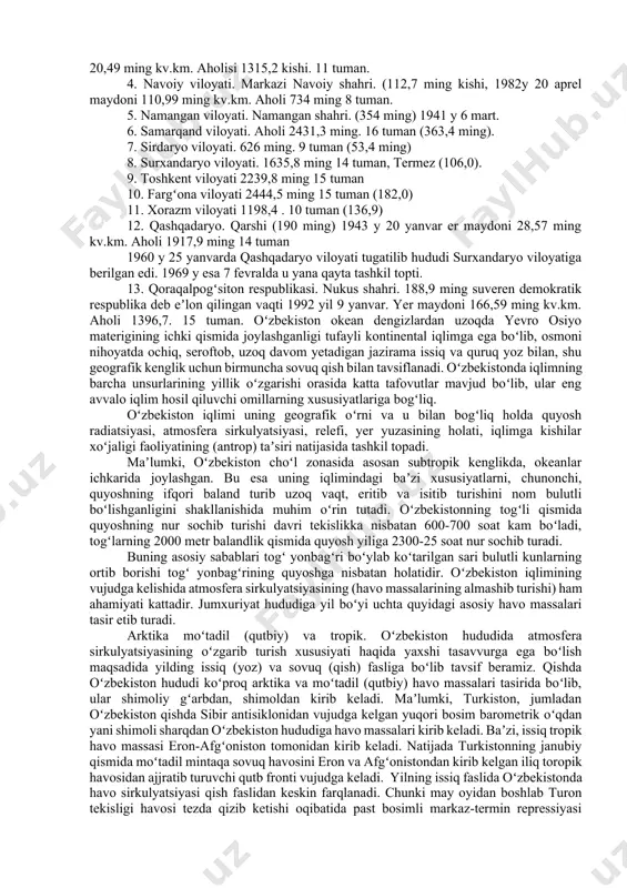 tib bormoqda. masalan: qashqadaryoda 1959 -1981 yillar orasida aholi zichligi 1 km kv ga 17,9 kishidan 59,1 kishiga (3,3 barovar), surxandaryoda esa 20,3 kishidan 64,2 kishiga 13,2 barobar) koʻpaydi. buxoro viloyati va qoraqalpogʻiston respublikasi oʻzbekiston aholisi eng siyrak yashaydigan mintaqalar. ularda aholining oʻrtacha zichligi 1 km kv ga 12,0 kishi va 7,7 kishini tashkil qiladi. buning asosiy sababi hududning kata qismini egallab turgan qizilqum choʻli va ustyurt platosining iqtisodiy jihatdan ancha kam oʻzlashtirilganligidir. 1960 yilgacha mirzachoʻl iqtisodiy nohiyasi aholi siyrak joy lashgan mintaqalar jumlasiga kirardi. keyingi yillarda sirdaryo va jizzax viloyatlarini birlashtirgan bu iqtisodiy mohiyatdagi keng dashtlarning deyarli tamoman oʻzlashtirilganligi sababli unda aholi zichligi tabora oshib bormoqda. 1991 yil (koʻrsatkichlaridagi) maʼlumotlariga koʻra, bu iqtisodiy nohiyada aholining oʻrtacha zichligi 1 km.kv ga 52 kishidan ziyod toʻgʻri keladi. oʻzbekiston respublikasining maydoni 447,4 kv km, xorijiy davlatlar bilan taqqoslaydigan boʻlsak, uning maydoni buyuk britaniyadan 2 barovar, shveytsariyadan 11, belgiyadan 14, armanstondan 15 barobar …