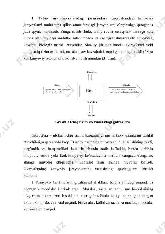 ari shuni ko‛rsatadiki, nordan suv muhitida haqiqatda erkin bo‛lmagan ion h+ va hatto ion bo‛lmagan gidroksoniya h3o+ ham mavjud, biroq ular (h+)aq=h2o-h+-oh2 akvakompleks ko‛rinishida ishtirok etadi. ishqorli muhitda akvakompleks tarkibini (oh-)aq=ho—h+-h+, oh-, h2o ishlatiladi. umumal olganda, gidrosferada turli minerallar bilan sodir bo‛ladigan gidroliz jarayonlari muhim rol o‘ynaydi, bu faqatgina u yoki bu suv tizimining kimyoviy tarkibi nuqtai nazaridan emas, balki uning ph (muhit reaksiyasi) o‘zgarishi nuqtai nazaridan. shunday ekan, agar mineral (tuz) kuchsiz kislota anionlaridan (h2s, h2co3, h3po4 va b.q.) va kuchsiz asos kationlaridan (kon, naoh va b.q.) tashkil topgan bo‛lsa, gidroliz natijasida reaksiya muhiti ishqorli bo‛ladi (ph>7): na2s+h2o ↔ nahs+naoh, s2-+h2o ↔ hs-+oh- minerallarni (tuzlar) gidrolizlanishida, kuchli kislota anionlari (hcl, h2so4, hno3 va b.q.) va kuchsiz asos kationlaridan (al (oh)3, zn (oh)2, nh4oh va b.q.) hosil bo‛lgan bo‛lsa, muhit reaksiyasi kislotali (ph 7 suv ishqoriy va ph 9,5 рн ning miqdori juda ko'pchilik tabiiy suvlarda ko'mir kislotasi uning ioni …