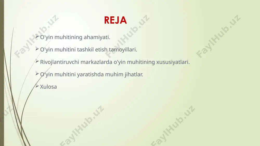 alarning jismoniy salomatligini mustahkamlaydi. faoliyatda muvofiqlashtirish, tezkorlik, epchillik rivojlanadi. bolalar markazlarida o'yin turlari sensorli o'yinlar ushbu o'yinlar bolalarning sezgi organlarini (ko'rish, eshitish, hid bilish, ta'm bilish va tuyush) rivojlantirishga qaratilgan. ular motor ko'nikmalarini va kashfiyotga bo'lgan qiziqishni oshiradi. dramaturgik o'yinlar bu o'yinlar orqali bolalar ijtimoiy rollarni o'ynashni, boshqalar bilan muloqot qilishni va empatiyani rivojlantirishni o'rganadilar. ular hayotiy vaziyatlarni modellashtiradi. qurilish va blok o'yinlari bloklar va qurilish materiallari yordamida bolalar matematik tushunchalarni (geometriya, simmetriya), fazoviy fikrlashni va muammolarni hal qilish ko'nikmalarini rivojlantiradilar. 6 o'yin muhitini tashkil etish tamoyillari yoshga mos materiallar o'yin materiallari bolalarning yoshiga, rivojlanish darajasiga mos kelishi va xavfsiz bo'lishi kerak. mustaqil va guruh o'yinlari bolalarning yakka tartibda ham, guruhda ham o'ynashlari uchun sharoit yaratish muhimdir. ijodiy faoliyatlar ijodkorlikni va kashfiyotni rag'batlantiruvchi ochiq o'yinlarni qo'llab-quvvatlash. unutmang: eng yaxshi o'yin muhiti bolalarga tanlash, tajriba qilish va o'z xatolaridan o'rganish imkoniyatini beradi. 7 rivojlantiruvchi markazlarda o'yin muhitining xususiyatlari moslashuvchanlik o'yin zonalari …