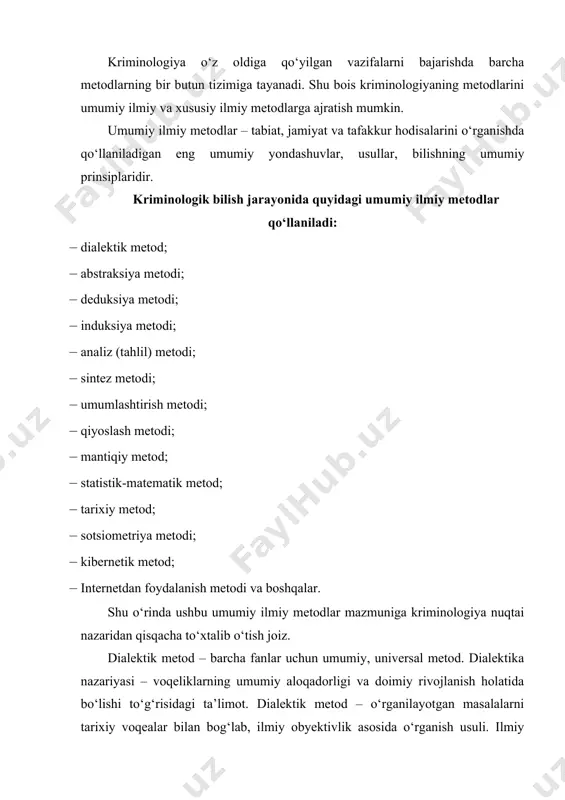 va uning qanday oqibatlari jinoyatchilikning jamiyatda obyektiv hodisa sifatida bo‘lishini taqozo qilishini o‘rganishdan boshlanadi. demak, jamiyatda jinoyatchilikning obyektiv hodisa sifatida bo‘lishini taqozo qiluvchi sabab va shart-sharoitlar rolini bajaruvchi hodisa va jarayonlarni dialektikaning qarama-qarshiliklar birligi qonuniga asoslangan holda to‘g‘ri tushuntirib berish joiz. shuni ta’kidlash lozimki, dialektik qarama-qarshiliklar nafaqat jinoyatlar profilaktikasi tizimi yo‘naltirilgan sohalarda, balki shu tizimning ichida ham mavjuddir. masalan, hozirgi kunda jinoyatlar profilaktikasi sohasidagi ilg‘or tajribalar bilan bu boradagi eskirib qolgan an’analar o‘rtasidagi qarama-qarshiliklar, jinoyatlar profilaktikasi vazifalarini bajarish bilan bog‘liq bo‘lgan faoliyatni amalga oshirish bilan bu faoliyatni tartibga soluvchi huquqiy normalar o‘rtasidagi ayrim qarama-qarshiliklar va boshqalar. kriminologiya esa bu qarama-qarshiliklarni bartaraf qilishning ilmiy asoslangan yo‘llarini topishi lozim. dialektikaning miqdor o‘zgarishidan sifat o‘zgarishiga o‘tish qonuni asosida kriminologiyada jinoyatchilik hamda jinoyatchi shaxsi o‘rganiladi. dialektika kategoriyalari hisoblangan sabab va oqibat jinoyatchilik, uning alohida turlari, muayyan jinoyatning sabablarini tushuntirishda asos hisoblanadi. kriminologiyada jinoyatchilik, uning alohida turlari, muayyan jinoyatning sababi sifatida jamiyat hayotidagi barcha sohalarda …