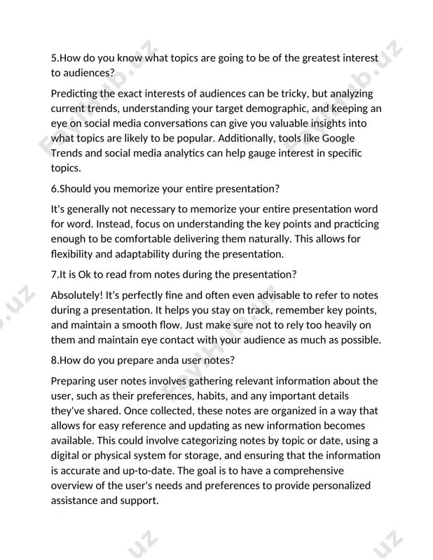 this allows for flexibility and adaptability during the presentation. 7.it is ok to read from notes during the presentation? absolutely! it's perfectly fine and often even advisable to refer to notes during a presentation. it helps you stay on track, remember key points, and maintain a smooth flow. just make sure not to rely too heavily on them and maintain eye contact with your audience as much as possible. 8.how do you prepare anda user notes? preparing user notes involves gathering relevant information about the user, such as their preferences, habits, and any important details they've shared. once collected, these notes are organized in a way that allows for easy reference and updating as new information becomes available. this could involve categorizing notes by topic or date, using a digital or physical system for storage, and ensuring that the information is accurate and up-to-date. the goal is to have a …
