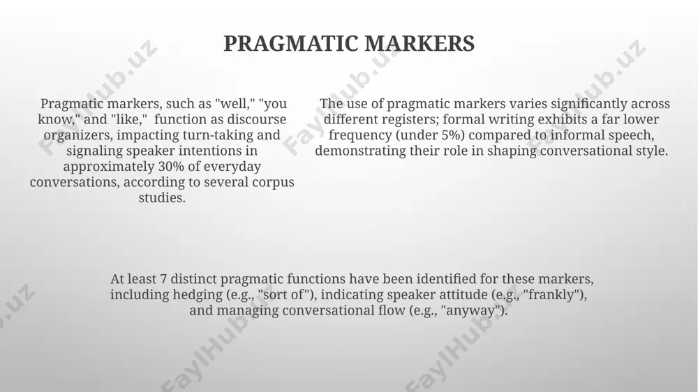en involve hedging, using expressions like "sort of" or "kind of," to soften directives and reduce the imposition on the hearer by approximately 20-30%, based on various pragmatic studies. nonverbal communication proxemics, the study of spatial distance in communication, suggests that intimate conversations occur within 0-18 inches, while public speaking requires a distance of 12-25 feet, significantly impacting message interpretation. over 55% of communication is nonverbal, encompassing facial expressions (like smiles conveying happiness), body language (posture reflecting confidence), and haptics (touch indicating connection or aggression). eye contact, a crucial nonverbal cue, can signal engagement (sustained gaze) or avoidance (minimal eye contact), impacting trust and the perceived credibility of a speaker by at least 20%. thank you for your attention @taqdimot_robot image1.png image2.png image3.png