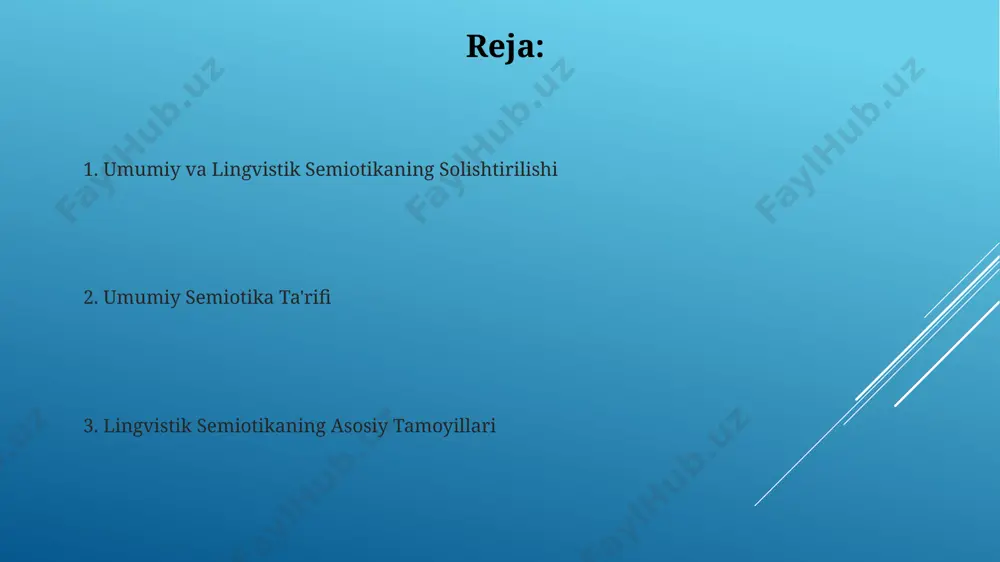 ishda, logotiplar va reklamalar orqali 20 dan ortiq iste’molchi munosabatlarini shakllantirishda muhim rol o'ynaydi. semiotik tahlil yordamida tarixiy hujjatlarning, masalan, 15-asrga oid qo'lyozmalarning, madaniy ma’nolarini va yashirin ramzlarini ochib berish mumkin. til semiotikasi: asosiy tushunchalar til semiotikasida 3 ta asosiy belgi tizimi – fonetika, leksika va grammatika – bir-biri bilan chambarchas bogʻliq boʻlib, ma’no hosil qilishda muhim rol oʻynaydi. til semiotikasi pragmatik jihatlarini o'rganishda nutq harakatlari nazariyasi (speech act theory) 1960-yillarda paydo bo'lgan va 5 ta asosiy nutq harakatini ajratadi. zamonaviy semiotika va uning istiqbollari so'nggi 10 yil ichida kompyuter lingvistikasi va sun'iy intellektning rivojlanishi semiotikaning yangi imkoniyatlarini ochib berdi, masalan, katta ma'lumotlarni tahlil qilish orqali. semiotik tahlilning amaliy qo'llanilishi 20 dan ortiq sohada, shu jumladan, marketing, dizayn va siyosatshunoslikda kuzatilmoqda, bu uning ahamiyatini oshiradi. e'tiboringiz uchun rahmat @taqdimot_robot image1.jpg image2.jpg image3.jpg image4.jpg image5.jpg image6.jpg image7.jpg