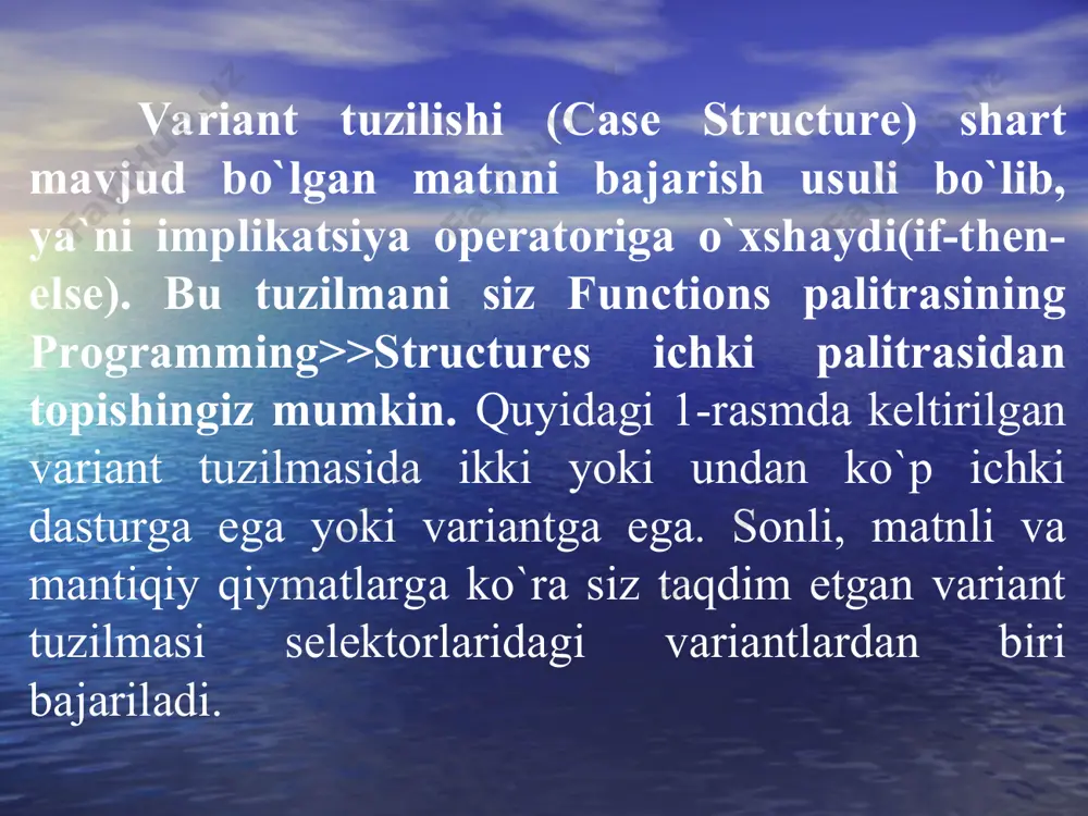 irib tashlash kerak. selektor terminali qatorli ma`lumotlari tipi uchun qo`shtirnoqda keltiriladigan qatrolar qiymatrini aniqlashtirish kerak. yagona istisno “default” so`zi bo`lib, u qo`shtirnoqqa olinmaydi. “default” varianti shuni bildiradiki, default “default” qiymatiga ega bo`ladi, jimlik bo`yicha variant emas. kiritish/chiqarish terminallarini ulash variantlar tuzilmasi barcha kirish terminallarida(kirish nuqtalari va selektorlar) ma`lumotlari barcha variantlar uchun murojaatli bo`ladi. variantlar bilan ishlaganda albatta tuzilmaga kirish ma`lumotlarini yoki chiqish ma`lumotlarini ishlatish shart emas, lekin agar bir variantdan ma`lumotlar chiqarilsa unda barcha variantlardan ma`lumotlar chiqarilishi kerak. bir variant tuzilmasidan tashqariga ma`lumotlarni chiqarganda barcha variantlarda o`sha joyning o`zida bo`yalmagan chiqish nuqtalari paydo bo`ladi. barcha variantlar nuqtasi uchun ma`lumotlarni bermas ekansiz vu ni ishga tushurish belgisi “siniq” bo`lib qolaveradi. shunga amin bo`lingki, mavjud chiqish nuqtasiga o`tkazgichni to`g`ridan-to`g`ri ulanganligiga amin bo`ling, aks holda siz ularning ko`p sonini yaratishingiz mumkin. kiritish/chiqarish terminallarini ulash sizda savol tug`ilishi mumkin: har bir variant uchun chiqish ma`lumotlarini tuzilmasini ulash nima uchun kerak? chunki variant tuzilmasi qaysi …