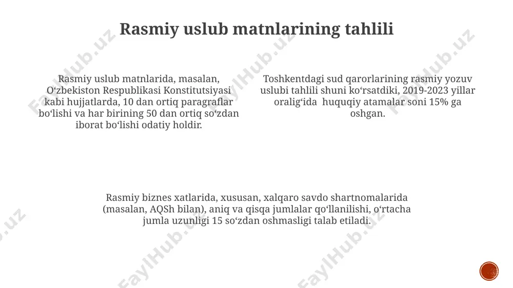 . 19-asr oxiri va 20-asr boshlarida buxoro va xiva xonliklarining adabiy matnlarida, 3 ta asosiy uslub – klassik, xalq og'zaki ijod an'analari va yangicha g'oyalar aralashgan holda kuzatiladi. zamonaviy o'zbekiston adabiyotining 21-asr boshlarida paydo bo'lgan 5 ta eng mashhur she'riylarini tahlil qilishda, post-modernizm va realizm uslublari orasidagi o'zgarishlarni aniqlash mumkin. matnlarning stilistik tahlili matnlarning stilistik tahlili natijalari, 50 dan ortiq adabiy asarlarni o'rganish orqali, turli janrlarga oid matnlardagi leksik va grammatik xususiyatlarning farqini aniqlash imkonini beradi. 19-asr oxiri va 20-asr boshlarida buxoro va samarqanddagi adabiy matnlarning stilistik tahlili, turkiy tilning o'ziga xos xususiyatlarini, masalan, qo'shimchalarning ko'plik va fe'l shakllarining xilma-xilligini ko'rsatadi. toshkent shahrida o'tkazilgan tadqiqotlar natijalariga ko'ra, 3 turdagi matnlar – she'rlar, hikoyalar va maqolalar – o'ziga xos stilistik xususiyatlarga ega ekanligi aniqlangan. matnlarning semantik tahlili ўзбекистон тарихига оид 15 та матннинг семантик таҳлилида, турли географик ҳудудлар (самарқанд, бухоро) га тегишли 50 тадан ортиқ топоним аниқланди, бу таърихчилар учун муҳим …