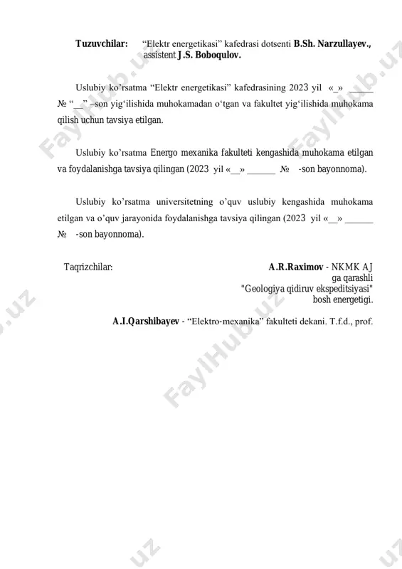 mida loyihalash jarayonini, elektr qurilmalarni tanlash va hisoblashda hamda davr talabidan kelib chiqqan holda korxonaning iqtisodiy holatini hisobga olib, tejamkor elektr uskunalarni o‘rnatishiga yordamchi ko‘rsatma hisoblanadi. elеktr mashina va transformatorlar sanoatning turli ishlab chiqarish korxonalarida, enеrgеtikada, transportda (aviatsiya, tеmir yo‘l, avtomobil, mеtro, tramvay, trollеybus), qishloq va suv xo‘jaligida, qurilishda va boshqa sohalarda kеng qo‘llaniladi. uslubiy ko‘rsatmalar oliy o‘quv yurtlarining “elеktr energetika” yo‘nalishi talabalari uchun «elеktr mashinalari» fanining dasturi asosida yozilgan bo‘lib, uning mazmuni transformatorlar, asinxron mashinalar, sinxron mashinalar va o‘zgarmas tok mashinalari kеtma-kеtligida bayon qilingan. ushbu uslubiy ko‘rsatmalar oliy ta‘lim bakalavriat bosqichining 60710600 – elektr energetika yo‘nalishi talabalari uchun “elektr mashinalari va yuritmalari” fanidan amaliy ishlarini bajarish uchun yordam beradi. 4 1-amaliy mashg’ulot. asinxron motorlarning ish hamda mexanik xaraktristikalarini qurish. ishdan maqsad. asinxron motorlarining ish hamda mexanik xarakteristikalarini nazariy ma’lumotlarini o’rganib, unda kerali ma’lumotlarini olib kerakli berilgan variantlar bo’yicha masalarni yechish. asinxronning mexanik tavsifi xarakteristikasi uning ulanishining asosiy sxemasiga va …