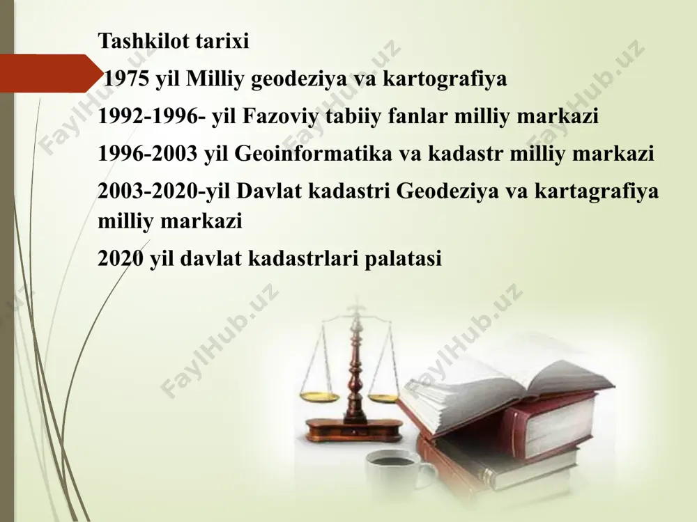 sidagi xujjatlarga ega bo’lishlari kerak. odatda bino va inshootni davlat ro’yxatidan o’tkazish majburiyati mulk egasiga yoxud bino yoki inshootga ashyoviy huquqlarga ega bo’lgan shaxsga yuklanadi. ular bino yoki inshootni davlat ro’yxatidan o’tkazish bo’yicha barcha yoki ayrim majburiyatlarini uchinchi shaxslarga yuklashlari mumkin. bu huquqlar va majburiyatlarni ro’yobga chiqarish qonun xujjatlariga muvofiq amalga oshiriladi. binolar va inshootlar meros qilib olingan taqdirda binolar va inshootlarga egalik huquqi yoki boshqa ashyoviy huquqlar merosxo’rga yoki davlat qonunchiligida belgilangan tartibda o’tgandan keyin davlat ro’yxatidan o’tkaziladi. binolar va inshootlar davlat kadastrini tashkil etish va yuritish tuman, shaxar ko’chmas mulk kadastri xizmatiga yuklanadi. bu xizmat kadastr xujjatlarini va kadastr ma’lumotlarini ruxsatsiz olish va oshkor etishdan himoya qilinishini ta’minlashi zarur. binolar va inshootlar davlat kadastrini yuritish ham an’anaviy (kadastr kitobida ro’yxatdan o’tkazish, kadastr planiga kiritish) ham avtomatlashtirilgan (ma’lumotlarning kompyuter bankini yaratish) usullarda amalga oshiriladi. binolar va inshootlar davlat kadastrini yuritish uch bosqichda amalga oshiriladi: 1-bosqich - binolar va inshootlarning …
