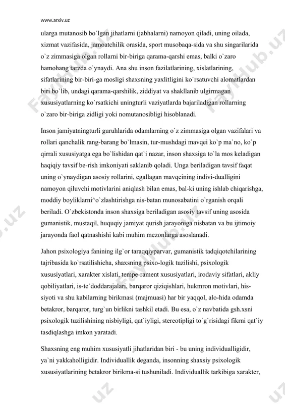aqqiyparvar, gumanistik tadqiqotchilarining tajribasida ko`rsatilishicha, shaxsning psixo-logik tuzilishi, psixologik xususiyatlari, xarakter xislati, tempe-rament xususiyatlari, irodaviy sifatlari, akliy qobiliyatlari, is-te`doddarajalari, barqaror qiziqishlari, hukmron motivlari, his-siyoti va shu kabilarning birikmasi (majmuasi) har bir yaqqol, alo-hida odamda betakror, barqaror, turg`un birlikni tashkil etadi. bu esa, o`z navbatida gsh.xsni psixologik tuzilishining nisbiyligi, qat`iyligi, stereotipligi to`g`risidagi fikrni qat`iy tasdiqlashga imkon yaratadi. shaxsning eng muhim xususiyatli jihatlaridan biri - bu uning individualligidir, ya`ni yakkaholligidir. individuallik deganda, insonning shaxsiy psixologik xususiyatlarining betakror birikma-si tushuniladi. individuallik tarkibiga xarakter, temperament, psixik jarayonlar, holatlar, hodisalar, hukmron xususiyatlar yig`in-disi, iroda, faoliyatlar motivlari, inson maslagi, dunyoqarashi, iqtidori, har xil shakldagi reaksiyalar, qobiliyatlari va shu kabi-lar kiradi. psixik xususiyatlarning birikmasini aynan o`xshash tarzda aks ettiruvchi inson mavjud emas. masalan, yaqin odamdan ayrilgan-ligi qayg`u-alam, uning bilan birga esa hayotda tiklab bo`lmovchi va boshqalarda takrorlanuvchi fazilatlar murakkab voqelikning man-gulikka yo`nalishi bilan izohlash mumkin. shaxs o`zining qadr-qim-mati va nuqsonlari bilan ijtimoiy turmushda faol ishtirok qili-shi, ta`lim …