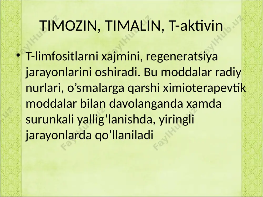 , ta’siri sekin boshlanadi, gistamin xosil bo’lishini kamaytiruvchi moddalar-tavegil, gistidin-demidroldan kuchliroq, davomliroq, tinchlantirish, uxlatish, alkigolni ta’sirini kuchaytirish xususiyatiga ega. image1.jpeg