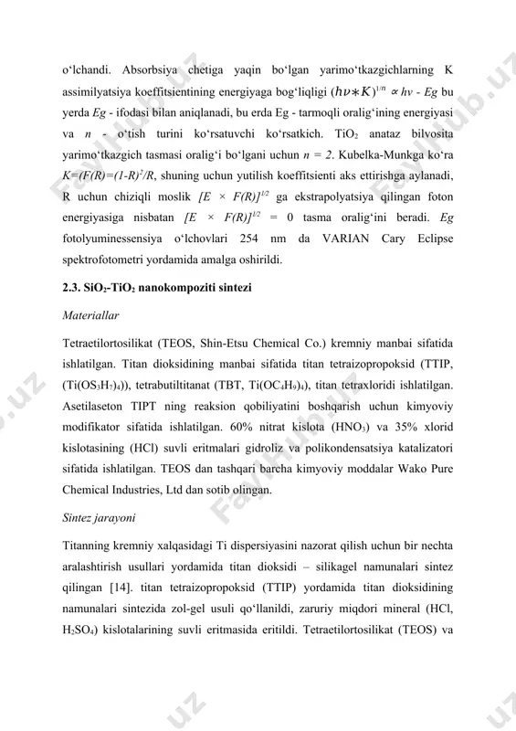 jarayonda sodir bo‘ladigan kimyoviy reaksiyani qo‘yidagicha yozish mumkin: ≡ti-or + h2o ≡ti-oh + roh ≡ti-oh + ro-ti≡ ≡ti-o-ti≡ + roh ≡ti-oh + ho-ti≡ ≡ti-o-ti≡ + h2o ≡si-or + h2o ≡si-oh + roh ≡ti-oh + ro-si≡ ≡ti-o-si≡ + roh ≡ti-oh + ho-si≡ ≡ti-o-si≡ + h2o ≡si-or+ ho-ti≡ ≡si-o-ti≡ + h2o eritmalar bir necha daqiqa davomida aralashtirilgandan so‘ng to‘xtatilgan va 1 kun davomida 25, 30 yoki 50 °c da qizdirilgan. shundan so‘ng, gellar 50 °c da 1 haftaga quritish uchun qoldirildi. quritilgan gellar 600 °c haroratda termik ishlov berildi.