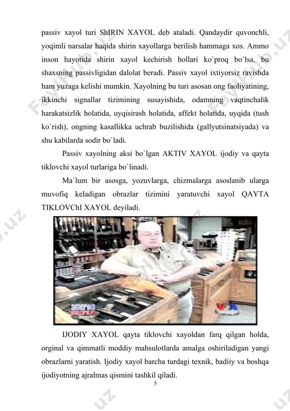 asosida nayshlar yaratadilar. yangi xayol obrazlarini yaratishning yana bir usuli, tipiklashtirish. tipiklashtirishdan badiiy adabiyotda keng qo`llaniladi. bu usul yordamida biror hodisaga, kishilar toifalariga, davrga xos yoki ularda ko`p takrorlanuvchi belgilar ma`lum obrazlarda gavdalantiriladi. 1. insonlr borliqni anglab, unda yuz berayotgan narsalarni qabul qilib, qolibgina qolmay o`ni o`zgartirishga ham harakat qiladi. borliqni amaliyotda o`zgartira olishni bilish bilan birga xayolni ham o`zgartira bilish lozim. xael ong faoliyati bo`lib, mavjud tasavvurlar orqali yangi, hayotda mavjud bo`lmagan obrazlar, ob’ektlarni yaratishdir. xayolning funktsiyasi – o`tgan tajriba natijalarini qayta ishlashdir. hech narsasiz xayol mavjud bo`lishi va yaratilishi mumkin emas. ushbu tasavvurlar xotiradan farq qiladi va xayol tasavvurlari deb ataladi. xayol eki fantaziya, tafakkur kabi, yuksak bilish jarayonlari qatoriga kirib, kishining o`ziga xos insoniy xarakterga ega bo`lgan faoliyatlarida namayon bo`ladi. mehnatning tayer natijasini xayolga keltirmay turib, ishga kirishib bo`lmaydi. istalgan mehnat jarayoni xayolni uz ichiga qamrab oladi. xayol inson ijodiy faoliyatining zarur elementi bo`lib, mehnatning oxirigi va …
