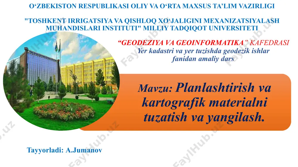 uchun planlashtirilgan ko'rsatkichlarni aniqlash kerak. yangilash deganda mavjud planlardan foydalangan holda yangi tadqiqotlar asosida yangi planlar tayyorlash va ularning geodezik asoslanishi tushuniladi. yangilash muddatlari turli xaritalash hududlarida planlar va xaritalarning eskirish darajasiga qarab 8 yildan 15 yilgacha belgilanadi. shu bilan birga, planlar va xaritalarning tez eskirishi erdan foydalanish bo'yicha ishonchli ma'lumotlar talablarini tizimli ravishda qondirish uchun planlar va xaritalarni zamonaviy darajada saqlash bo'yicha tadbirlarni qisqa vaqt ichida amalga oshirish zaruratini tug'diradi. yer kadastrini yuritishda. masalan, er tuzish loyihalari odatda har 3-5 yilda bir marta tuziladi va bu muddatlarda planni erta yangilash texnik jihatdan amaliy va iqtisodiy jihatdan foydasizdir. shuning uchun, xaritalar va planlarni yangilash o'rtasida ular moslashtiriladi. tuzatish deganda biz quyidagilarni nazarda tutamiz: vaziyatning paydo bo'lgan konturlarini suratga olish; so'rov natijalarini mavjud planga (xaritaga) qo'llash; plan bo'yicha yo'qolgan konturlarni yo'q qilish. plan va xaritalarning eskirish darajasini, asosan, planni tuzatish va yangilash bo'yicha ishlarning narxi nuqtai nazaridan aniqlash maqsadga muvofiqdir. ishning …