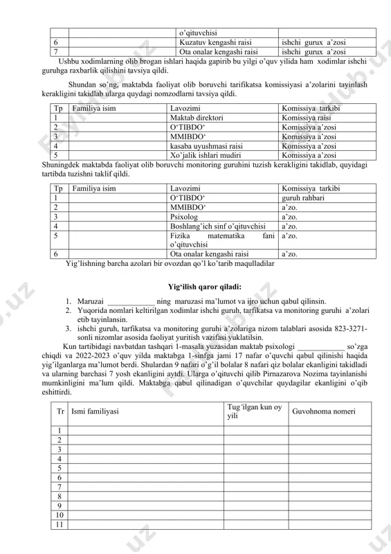 jlantirish to‘g‘risida”gi 2020- yil 13- avgustda qabul qilingan 183-sonli buyrug‘ining ijrosi to‘g‘risida pedagog xodimlarga tushunchalar berildi. xozirda maktabimizda 5 ta metodbirlashmalar bo’ib, ular pedagoglarga metodik hizmat ko’rsatib kelmoqda. ularning rahbarlari quyidagilar: тр familiya isim uslub birlashma nomi 1 boshlang’ich sinflar 2 ijtimoiy va tillar turkumiga kiruvchi fanlar 3 aniq va tabiy fanlar 4 amaliy fanlar 5 sinf raxbarlari pedagogik jamoadan yuqorida nomlari keltirilgan pedagoglarni metodbirlashma rahbarligiga qarshi bo’lgan pedagoglar bo’lsa etiroz bildirishlari mumkinligini takidlab o’tdilar. yig’ilishning barcha a’zolari yuqorida nomlari keltirilgan pedagoglarni metodbirlashma rahbarligiga bir ovozdan qo’l ko’tarib maqulladilar. yig‘ilish qaror qiladi: 1. maruzai ____________ ning maruzasi ma’lumot va ijro uchun qabul qilinsin. 2. yuqorida nomilari keltirilgan pedagoglar metodbirlashma rahbari etib tayinlansin. kun tartibidagi 5-masala yuzasidan maktab direktori ____________ so‘zga chiqdi. u so‘zida vazirlar mahkamasining “umumiy o‘rta talim muasasalarining o‘rnak ko‘rsatgan xodimlarini moddiy rag‘batlantirish to‘g‘risida”gi 2019- yil 30-sentabrdagi 823-sonli qaroriga muvofiq ishchi guruh a’zolarini va boshqa komissiya a’zolarini tasdiqlash haqida …