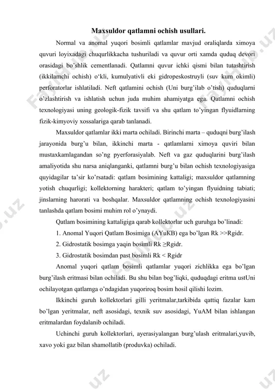 rnida ko`pikli eritma ishlatilishi yana ham afzalroq; chunki bu holda ko`pikli eritma kollektor o`tkazuvchanligini kamaytirmaydi. 2. pqat = pgidrostatik bu holda loyli eritma darhol ko`pikli eritma bilan almashtirilishi mumkin. nasos agregatlari suyuqlik sarflanish miqdorini 6 litr\sekunddan boshlab, syokin-asta 1,5:2 litr\sek.gacha tushiradi. shundan keyin ham neft' yoki gaz oqimi paydo bo`lmasa, quduq tubini tozalash uchun ko`pik qatlamga haydaladi va 2-3 soatdan so`ng quduqni o`zlashtirish davom etdiriladi. 3. pqat < pgidrostatik bu sharoitda quduqdagi suyuqlik ko`pirishi uchun sharoit yaratiladi. buning uchun nasos-kompressor quvurlariga 2-3% kontsentratsiyali suv eritmasi hosil qiluvchi ko`pik aralashtirgich ulab tushiriladi. 8-10 soatdan so`ng quvur hamda quvur ortki qismiga bir vaqtning o`zida havo (gaz) haydaladi. bunda ham quduq ishga tushmasa undagi suyuqlik syokin-asta gazga almashtiriladi. quduqni o’zlashtirishdan oldin quduq ichiga nkq kolonnasi tushirilib, quduq usti fontan armaturasi bilan jixozlanadi. burgilash eritma yordamida o’zlashtirish. quvurlar bo’shligiga engil eritma yuborilib, nkq orqali ogir eritma chiqariladi.quduq ichiga suvni,neftni yuborish uchun traktor eki avtomobilgan …