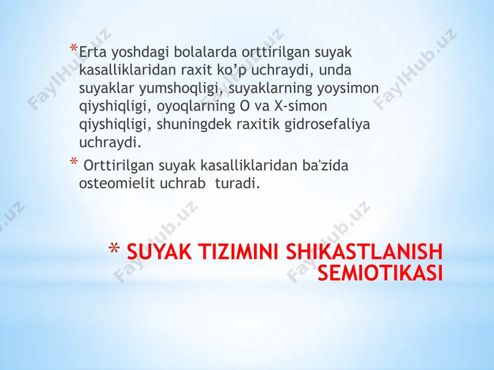 kin. biroq, boshqalari jarrohlik yoki jarrohlik aralashuvni talab qilishi mumkin. agar o'sish plastinkasi shikastlansa, jarrohlik yordam berishi mumkin. o'sish plastinkasining ajratilgan yoki noto'g'ri joylashtirilgan uchlarini to'g'ri qayta sozlash suyaklarning normal o'sishini jarrohlik yo'li bilan tiklashi mumkin. noto'g'ri hizalanishdan kelib chiqqan tirnashni kamaytirib, jarrohlik bo'g'imlarda artrit rivojlanishining oldini oladi. agar suyak buzilishi jismoniy deformatsiyaga olib kelsa, bolalar bezovtalanishi yoki tushkunlikka tushishi mumkin. suyak kasalliklarini davolashning ba'zi usullarini qabul qilish psixologik jihatdan qiyin bo'lishi mumkin. masalan, o'smirlar skoliozni davolash uchun belbog 'taqishni istamasligi mumkin, chunki bu ularning tengdoshlaridan farq qiladi. professional maslahat tashvish yoki tushkunlikni engillashtirishi mumkin. maslahatlashuv bolalarga qiyin davolanishdan o'tishga yordam berishi mumkin. /docprops/thumbnail.jpeg