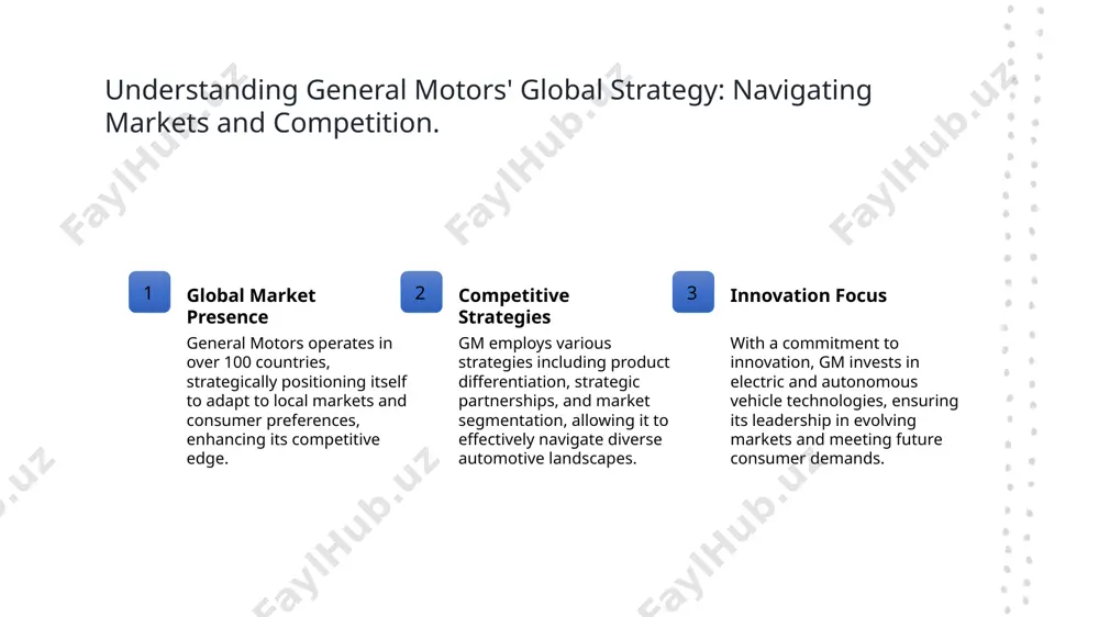 nch 30 new electric models by 2025, driving sustainable mobility solutions worldwide. 3 eco-friendly manufacturing gm focuses on eco-friendly manufacturing processes, reducing waste and emissions through advanced technologies, such as recycling and energy-efficient production methods. global supply chains: how general motors influences vehicle distribution worldwide. global reach general motors operates in over 120 countries, establishing a robust global supply chain that facilitates efficient vehicle distribution and local market adaptation. strategic partnerships collaborating with local suppliers and manufacturers enhances general motors' supply chain resilience, ensuring timely production and distribution across diverse markets worldwide. innovation in logistics utilizing advanced technologies like ai and data analytics, general motors optimizes logistics operations, improving inventory management and reducing costs while ensuring timely deliveries. the impact of autonomous vehicles on global transportation: a general motors perspective. transformation of transport autonomous vehicles are revolutionizing transportation by enhancing safety, reducing traffic congestion, and improving accessibility, thereby reshaping urban …
