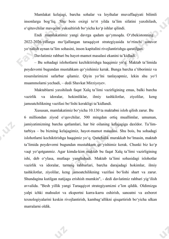 tirishdagi o‘rnini aniqlash. 3. boshlang‘ich ta’limda innovatsion uslublarni ishlab chiqish va joriy etishni pedagogik jihatdan asoslash. 4. mavzu yuzasidan ilmiy-metodik tavsiyalar ishlab chiqish. kurs ishi quyidagi metodlar asosida amalga oshirildi: · tadqiqot mavzusiga oid ilmiy-falsafiy, psixologik-pedagogik adabiyotlar, o‘quv- metodik qo‘llanmalarni ilmiy-pedagogik jihatdan tahlil etish; · pedagogik kuzatuv; · pedagogik tajribalarni o‘rganish va umumlashtirish; kurs ishining metodologik asoslari: o‘zbekiston respublikasi konstitutsiyasi, o‘zbekiston respublikasining ta’lim to’g’risidagi qonuni, o‘zbekiston respublikasining kadrlar tayyorlash milliy dasturi, o‘zbekiston respublikasi prezidenti sh.mirziyoyevning ta’limni modernizatsiyalash, innovatsion texnologiyalarni keng jalb etish xususidagi qarashlari, hukumat qarorlari. kurs ishining amaliy ahamiyati. tadqiqot jarayonida ilgari surilgan fikrlardan, yondashuvlardan hamda samaradorligini ta’minlovchi tadqiqot natijalaridan pedagogik fanlar boyicha maruzalar tayyorlash, qo‘llanmalar yaratish, shuningdek metodik tavsiyanomalar yaratishda, ish tajribalarini ommalashtirishda samarali foydalanishga xizmat qiladi. kurs ishi tuzilishi va hajmi: kurs ishi kirish, 4 ta paragraf, xulosa, foydalanilgan adabiyotlar ro‘yxatidan iborat. 1.pedagogik innovatsiya tushunchasi. talim sohasidagi innovasion jarayonlarning mazmuni va mohiyati. so‘ngi yillarda mamlakatimizda ayniqsa,ta’lim jarayoniga …