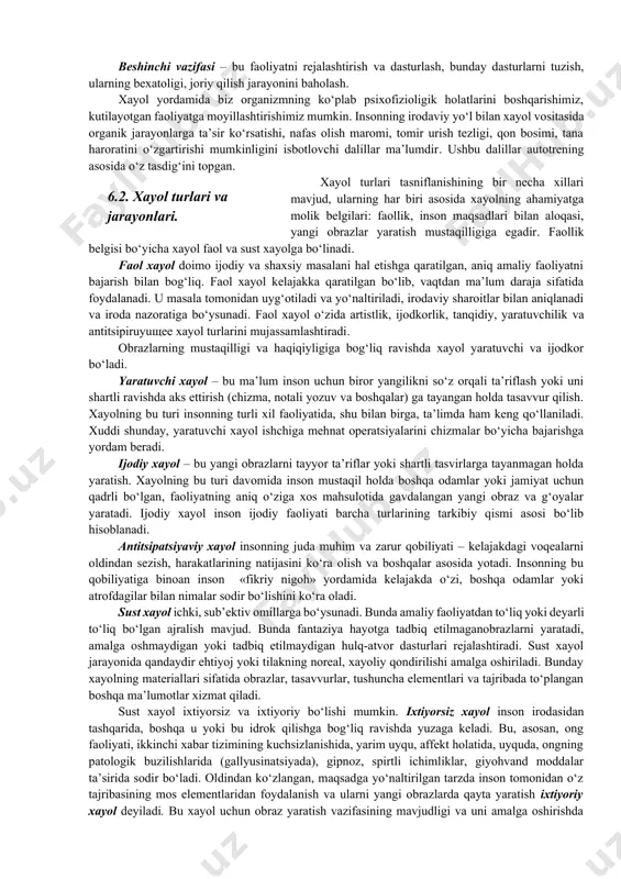 iy harakatlarning aralashuvisiz masalalarni hal etish imkonini yaratuvchi ko‘rgazmali-obrazli tafakkurning asosi bo‘lib xizmat qiladi. xayol obrazlari faqat insonda mavjud bo‘lgan real olam obrazlarining alohida tomonlarini qayta ishlab chiqish yo‘li bilan yaratiladi. xayol doimo insonning amaliy faoliyatiga yo‘naltirilgan bo‘ladi. inson biror harakatni amalga oshirishdan avval, uni qanday bajarish zarurligi va uni qanday bajarishini tasavvur qiladi. shunday qilib, u avvaldan keyinchalik sodir bo‘ladigan amaliy faoliyatda ishlab chiqariladigan moddiy jism obrazini yaratadi. xayol faoliyati inson hissiy kechinmalari va uning iroda harakatlarini tadbiq etish bilan uzviy holda bog‘langan. xayolning fiziologik asosi nerv aloqalarini dolzarblashtirish, ularning emirilishi, qayta guruhlarga qo‘shilib, yangi tizimlarga birlashishi, o‘tmish tajribada shakllanib bo‘lgan vaqtinchalik aloqalar yangi uyg‘unliklarining hosil bo‘lishidan iborat. bunda mavjud bo‘lgan vaqtinchalik aloqalarning oddiy holda dolzarblashtirilish yangilikning yaratilishiga olib bormaydi. yangilikning yaratilishi avval bir-biri bilan uyg‘unlashmagan vaqtinchalik nerv aloqalaridan hosil bo‘lgan uyg‘unlikni taqazo etadi. xayol jarayoni ikkila xabarlovchi tizimlarning hamkorlikdagi faoliyatidan iborat. bunda ikkinchi xabar tizimi – so‘z katta …