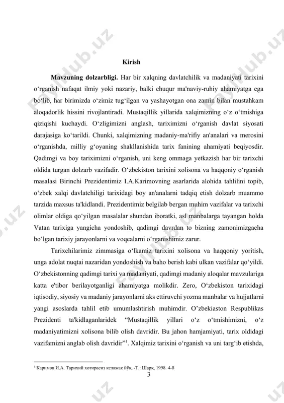 – nizomulmulkning (1018-1092) “siyosatnoma” yoki “siyar ulmuluk” (1091), asarlari o‘sha davrning siyosiy, ijtimoiy-iqtisodiy va madaniy tarixini o‘rganishda alohida o‘rin tutadi3 . shuningdek, abul-fazl bayhaqiyning “tarixi ma'sudiy” (1030-1041), abu jafar muhammad at-tabariyning “tarixi tabariy”, abu nasr forobiyning “fozil odamlar shahri”, abulqosim firdavsiyning “shohnoma”, mahmud qashg‘ariyning “devonu lug‘at at-turk” kabi asarlarida ham o‘sha davrning tarixi bayon qilinadi. somoniylar davlati tarixiga oid batafsil ma'lumotlar tarixchi olimlar n.n.negmatov, g.a.hidoyatovning asarlarida batafsil yoritilgan. shuningdek, n.ya.bichurin (otets iakinf), v.v.bartold, a.yu.yakubovskiy, s.a.ahadjanov, b.axmedov, k.shoniyozov kabi olimlarning asarlarida ham somoniylar davriga oid ma'lumotlar berilgan. manba va adabiyotlar bilan bir qatorda mustaqillik yillarida mavzuga oid to‘plamlar nashr qilindi hamda gazeta va jurnallarda bir qator maqolalar chop etildi. [1: karimov i.a. tarixiy xotirasiz kelajak yo'q, -t.: sharq, 1998. 4-b] mavzuning maqsad va vazifalari. tarixiy manba va ilmiy adabiyotlarda aks ettirilgan somoniylar davlatining paydo bo‘lishi va rivojlanishiga bag‘ishlangan masalalarni chuqur o‘rganish va qiyosiy tahlil asosida, somoniylar davlatining taraqqiyoti va ijtimoiy-iqtisodiy rivojlanishning …