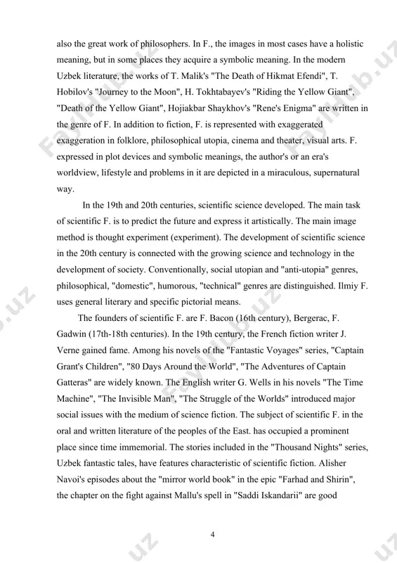"thousand nights" series, uzbek fantastic tales, have features characteristic of scientific fiction. alisher navoi's episodes about the "mirror world book" in the epic "farhad and shirin", the chapter on the fight against mallu's spell in "saddi iskandarii" are good examples of scientific f. in modern uzbek literature, the direction characteristic of scientific f. is seen more in stories and essays. the versatility of fantasy led to the separation of different directions and subgenres from it. in general, science fiction is divided into science fiction (in which strict science fiction and social fiction are distinguished) and fantasy (in which a horror subgenre is distinguished). in some cases, we can see the synthesis of both genres in the form of scientific fantasy and techno-fantasy. currently, there is no comprehensive single classification of science fiction, and it is unlikely that such a classification based on one or more interrelated criteria will be created …