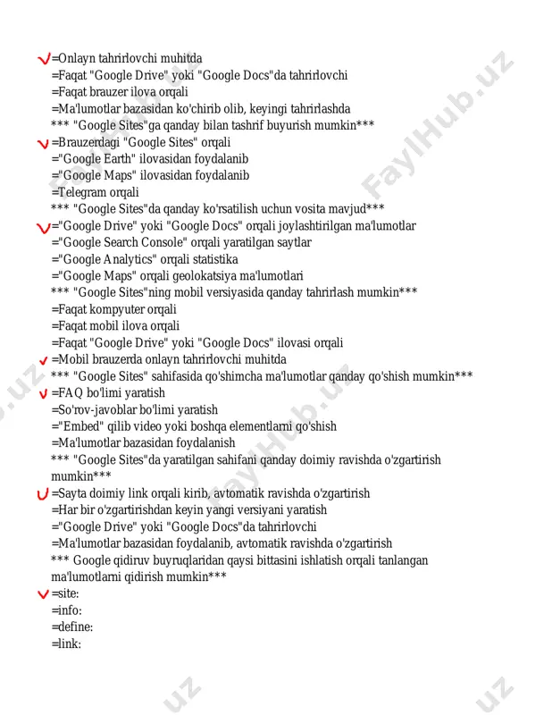 =so'rov-javoblar bo'limi yaratish ="embed" qilib video yoki boshqa elementlarni qo'shish =ma'lumotlar bazasidan foydalanish *** "google sites"da yaratilgan sahifani qanday doimiy ravishda o'zgartirish mumkin*** =sayta doimiy link orqali kirib, avtomatik ravishda o'zgartirish =har bir o'zgartirishdan keyin yangi versiyani yaratish ="google drive" yoki "google docs"da tahrirlovchi =ma'lumotlar bazasidan foydalanib, avtomatik ravishda o'zgartirish *** google qidiruv buyruqlaridan qaysi bittasini ishlatish orqali tanlangan ma'lumotlarni qidirish mumkin*** =site: =info: =define: =link: pc карандаш pc карандаш pc карандаш pc карандаш pc карандаш pc карандаш pc карандаш *** qanday buyruq orqali belgilangan so'zdan biror bir xabarni qidirish mumkin*** =intext: =inpage: =within: =paragraph: *** belgilangan veb-saytdan linklar to'plab olish uchun qaysi buyruqni ishlatish kerak*** =gather: =collect: =link: =acquire: *** "google"da qanday so'zdan foydalanib boshqa so'zlarni aniqlash mumkin*** =related: =linked: =synonym: =connect: *** google qidiruv natijalarini qaysi boshqaruv vositasida ko'rish mumkin*** =google search console =google drive =google analytics =google maps *** google qidiruvda chet tillarda izohlar qo'shish uchun qaysi …