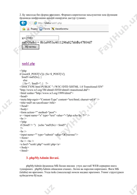 ss) values ( 'ivan','700-18 tjb','kiyev')"); $db->exec("insert into talaba ( fio, guruh, adress) values ( 'petr','700-18 tjb','toshkent')"); } catch (pdoexception $e) { //xatolikni tekshirish $db->rollback(); echo 'pdoexception: '.$e->getcode() .'|'. $e->getmessage(); exit(); } $db->commit(); //agar hamma so’rovlar muvaffaqiyatli bajarilgan bo’lsa, // commit yordamida tranzaksiyani yakunlaymiz. //tranzaksiyadan keyin jadvaldagi ma’luvotlarni qayta ko’rish $db =mysql_connect ('localhost' , 'root', ''); mysql_select_db('dekanat',$db); $result = mysql_query("select * from talaba",$db); if ($myrow = mysql_fetch_array($result)) { echo " \n"; echo " fio guruh adress \n"; do { printf(" %s %s %s \n", $myrow["fio"], $myrow["guruh"], $myrow["adress"]);} while ($myrow = mysql_fetch_array($result)); echo " \n"; } else {echo "сатр мавжуд эмас";} ?> 5. mvc концепция mvc концепцияга асосан дастур коди камида 3 та ташкил этувчидан ташкил топган бўлиши керак. улар: контроллер (назоратчи); модель; тақдимот ((view). тақдимотга html кодлар, css файллар, расмлар ва бошқа экранда тасвир ҳосил қиладиган элементларни киритиш мумкин. у илованинг ташқи кўриниши учун жавоб беради. контроллер бу сўровларни қайта ишлашни …