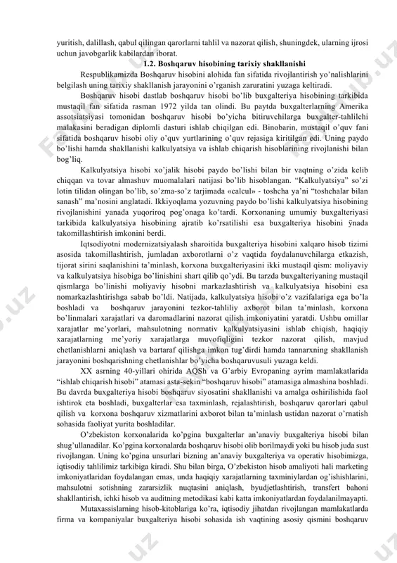 rni shakllantirish vazifasini yuklaydi. bunda ishlab chiqarish zararsizligi nuqtasining dastlabki hisob-kitoblari amalga oshiriladi, o’zgaruvchan, doimiy xarajatlar va foyda o’rtasidagi aloqadorlik tahlil qilinadi. boshqaruv hisobi faqatgina xarajatlar hisobi va mahsulot tannarxi kalkulyatsiyasi bilan shug’ullanibgina qolmasdan, balki korxona rahbariga joriy va istiqbolli boshqaruv qarorlari qabul qilishda ko’maklashishi zarur. bugungi kunda respublikamiz iqtisodiyotida boshqaruv hisobining nazariy - uslubiy asoslarini ishlab zarurati quyidagi omillar mavjudligi bilan izohlanadi: · rivojlangan mamlakatlar tajribasiga muvofiq, buxgalteriya hisobini moliyaviy va boshqaruv hisobiga bo’linishi; · buxgalteriya hisobida maxsulotlar tannarxini hisoblash, haqiqiy xarajatlardan chetlanishlarni boshqarishda «standart-kost» hisob tizimining paydo bo’lishi; · xarajatlarni doimiy va o’zgaruvchan turlarga ajratilishi, natijada korxonalarda ishlab chiqarish quvvatlaridan to’liq foydalanish, xarajatlarni samarali taqsimlash maqsadida tannarxni kalkulyatsiya qilishning «direkt-kosting» kabi zamonaviy tizimlarini rivojlantirish zaruratini yuzaga kelishi; · korxonalar amaliyotiga «zararsizlik nuqtasi», «marjinal daromad», «ishlab chiqarish dastagi» va boshqa yangi iqtisodiy atamalarning kirib kelishi hamda ularni xo’jalik yurituvchi sub’ektlarda xarajatlar, ishlab chiqarish hajmi va moliyaviy natijalar o’rtasidagi uzviy …
