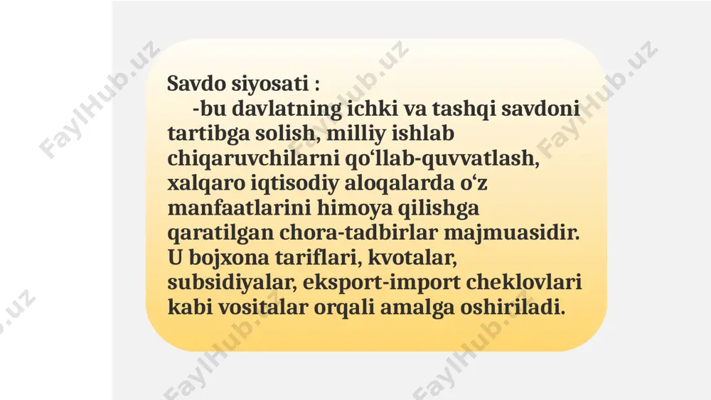 sifatida yangi mahsulot yaratiladi. o‘sish bosqichida mahsulotga bo‘lgan talab oshadi, uni ishlab chiqarish kengayadi va asta-sekin boshqa mamlakatlarga ham tarqala boshlaydi. mahsulot standartlashadi, ishlab chiqaruvchilar o‘rtasida raqobat kurashi kuchayadi va uning eksporti hajmi oshib boradi. pishib-etilish bosqichida yirik seriyali ishlab chiqarish ustuvor o‘ringa ega bo‘ladi, raqobat kurashida narx omili birinchi o‘ringa chiqadi va bozorlarning kengayishi hamda texnologiyalarning tarqalishiga qarab mahsulotni yaratgan mamlakat raqobat afzalliklariga ega bo‘lmay qoladi. pasayish bosqichiga o‘tish darajasiga qarab mahsulotga bo‘lgan talab, ayniqsa, rivojlangan mamlakatlarda, pasaya boshlaydi, ishlab chiqarish hajmi qisqaradi, mahsulot ishlab chiqarish rivojlanayotgan mamlakatda to‘planadi va mahsulotni yaratgan mamlakat sof importerga aylanadi 14 klassik siyosiy iqtisodning asoschilaridan biri shodland professori a.smit o‘zining “xalq boyligining tabiyati va sabablari to‘g‘risida tadqiqotlar” deb nomlangan mashhur kitobida mamlakatlar o‘rtasidagi savdoning nazariy modelini yaratishga katta e’tibor qaratadi, mamlakatlar geografik joylashuvining har xilligi natijasida u yoki bu tovarlarni ishlab chiqarish xarajatlari bir xil bo‘lmasligi tufayli yuzaga keladigan xalqaro mehnat taqsimoti bu …