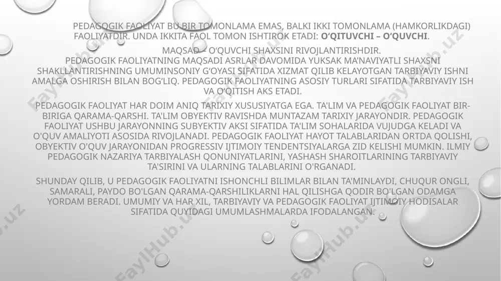 faoliyat bilan shug‘ullanishga haqli. zarurat bo‘lganda professional ta’lim tashkilotlari ishlab chiqarish ta’limi ustalarini, shuningdek tegishli bilim hamda amaliy ko‘nikmalarga ega bo‘lgan, oliy ma’lumoti bo‘lmagan boshqa mutaxassislarni amaliy va qo‘shimcha mashg‘ulotlarni olib borish uchun jalb etishi mumkin. 45-modda. pedagog xodimlarning maqomi va ular faoliyatining kafolatlari pedagog xodimlarning maqomi jamiyat va davlat tomonidan tan olinadi. pedagog xodimlar ijtimoiy qo‘llab-quvvatlanadi, o‘z kasbiy faoliyatini amalga oshirishi, ularning ijtimoiy maqomi va obro‘sini oshirish uchun tashkiliy-huquqiy shart-sharoitlar yaratiladi, shuningdek o‘z huquq va qonuniy manfaatlarini amalga oshirish uchun kafolatlar beriladi. ta’lim tashkilotlari pedagog xodimlarining huquqlari, sha’ni, qadr-qimmati va ishchanlik obro‘si davlat himoyasi ostida bo‘ladi. ta’lim tashkilotlari pedagog xodimlarining kasbiy faoliyatiga aralashishga, ta’lim oluvchilarning bilimlarini to‘g‘ri va xolis baholashga ta’sir ko‘rsatishga, shuningdek ushbu pedagog xodimlarning xizmat majburiyatlarini bajarishiga to‘sqinlik qilishga yo‘l qo‘yilmaydi. pedagog xodimlar quyidagi huquqlarga ega: o‘z sha’ni, qadr-qimmati va ishchanlik obro‘sini himoya qilish; o‘quv dasturlari doirasida mualliflik dasturlarini ishlab chiqish va joriy etish, o‘qitish uslubiyotini ishlab …