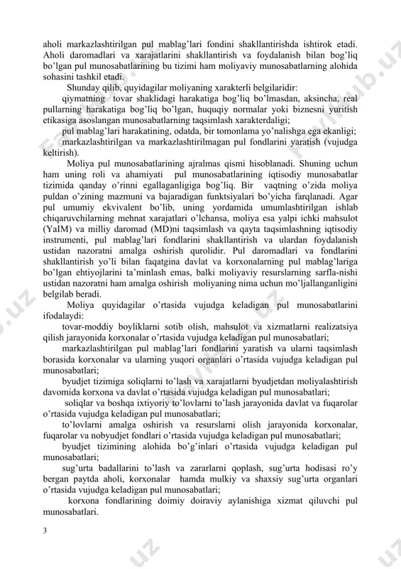 ohasidir. shunday qilib, moliyaning ijtimoiy-iqtisodiy mohiyati, taraqqiyot qonuniyatlari, tovar-pul munosabatlarining qamrab olish sohasi va ijtimoiy takror ishlab chiqarishdagi roli jamiyatning iqtisodiy tuzumi, davlatning tabiati va funktsiyalari bilan belgilanadi. tarixiy kategoriya sifatida ham moliyaning vujudga kelishi jamiyatning sinflarga bo’linishi va davlatning paydo bo’lishi bilan bog’liq. kengaytirilgan takror ishlab chiqarish uchun sharoitlarni ta’minlash hamda davlatning funktsiyalari va vazifalarini bajarish maqsadida markazlashtirilgan va markazlashtirilmagan pul mablag’lari fondlarini shakllantirish, taqsimlash va foydalanish bilan bog’liq bo’lgan iqtisodiy (moliyaviy) munosabatlarga moliya deyiladi. moliyaviy munosabatlarning farqlanuvchi xarakterli belgisi shundan iboratki, yaimni qayta taqsimlash jarayoni oldindan ma’lum maqsadlarga mo’ljallangan turli pul mablag’lari fondlarini yaratish bilan kuzatiladi. davlat va mahalliy o’z-o’zini boshqarish organlari darajasida tuziladigan pul mablag’lari fondlari markazlashtirilgan fondlar, xo’jalik sub’ektlari darajasida tuzilgan pul fondlari esa markazlashtirilmagan pul fondlari deyiladi. xo’jalik sub’ektlarining turli faoliyatlaridan olingan daromadlar hisobidan maxsus pul mablag’lari fondlari shakllantiriladi. ularni shakllantirish qattiq ravishda reglamentatsiya qilinish (tartibga solinish) xarakteriga egaki, bu narsa moliyaviy munosabatlarning yana bir …
