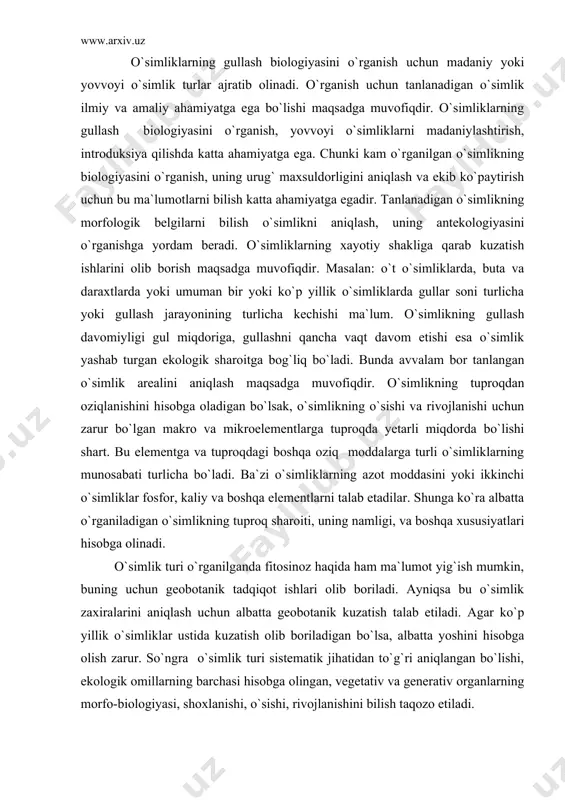 r ko`p yillik o`simliklar ustida kuzatish olib boriladigan bo`lsa, albatta yoshini hisobga olish zarur. so`ngra o`simlik turi sistematik jihatidan to`g`ri aniqlangan bo`lishi, ekologik omillarning barchasi hisobga olingan, vegetativ va generativ organlarning morfo-biologiyasi, shoxlanishi, o`sishi, rivojlanishini bilish taqozo etiladi. o`simliklarning ustida morfo-biologiya kuzatish olib borish, ma`lumot yig`ish davrida tekshirish olib borilayotgan geografik puktning orgrafiyasi, relyefi iqlim omillari ham hisobga olinadi. kuzatish davrida gullash biologiyasini o`rganish mobaynidagi o`rtacha temperatura (atmosfera, tuproq temperaturasi), ёg`ingarchilik miqdori kuyosh yorug`ligining intensivligi hisobga olinadi. o`simlikning individual rivojlanishi uning vegetasiya davrining boshlanishida hisobga olib boshlaydi. yig`ilgan materiallar asosida fenologik kartalar gullash kalendarlari tuziladi. gullash biologiyasi bilan shug`ullanar ekanmiz albatta o`simlik hamda hamma ma`lumotlar batafsil yig`ilishi shart. o`simlikning to`plar soni dastlab aniqlanadi. albatta bunda madaniy o`simliklar to`plari sonini aniqlash oson. o`t-o`simliklarning bir metr kvadratdagi sonini aniqlab so`ngra undan bir gektar maydondagi miqdorini hisoblab chiqarish mumkin. yovvoyi o`simliklarda esa rabotnov ramenskiy metodlaridan foydalanib o`simliklar tiplar soni aniqlanadi. masalan: 1,0x1,0 m2 …