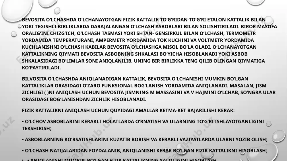 n boʻladi. ayrim oʻlchashda asbob xatoligi uning shkalasining darajalanish kattaligiga bogʻliq. bunda xatolik asbob shkalasidan hisoblash mumkin boʻlgan eng kichik ulushning ±0,5 (yarmi)ga teng. masalan, agar termometr shkalasining eng kichik ulushi 0,2° ga teng boʻlsa, oʻlchash xatoligi ±0,1° ga teng boʻladi, analitik tarozida oʻlchashda eng kichik tosh massasi 10 mg boʻlsa, tarozining xatoligi ±5 mg deb olinadi. asbob qanchalik aniqroq oʻlchasa, xato shunchalik kamroq boʻladi. quyidagi jadvalda oʻlchashda qoʻllanadigan ba’zi bir asboblarining absolut xatolari keltirilga o‘lchash vositalari o‘lchash chegarasi bo`lim qiymati asbobning absolut xatosi 1 o`quvchilar chizg`ichi 50 sm gacha 1 mm 2 po`lat chizg`ich 40 sm gacha 1 mm 3 shtngensirkul 150 mm 0.1 mm 4 mikrometr 25 mm eʼtiboringiz uchun tashakkur image3.png image4.jpeg image2.png image5.jpeg image6.jpeg image7.jpeg image8.jpeg image9.jpeg image1.png /docprops/thumbnail.jpeg