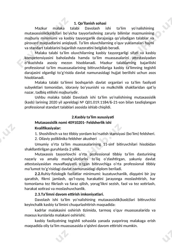 bo‘lgan chaqaloqlarni reanimasiya qilish, akusher-ginekolog va neonatolog bilan masofadan maslahatlashish. · shifokorli tez tibbiy yordam brigadasida tez tibbiy yordam ko‘rsatishda dori moddalar va tibbiy anjomlarni shifokor tavsiyalariga asosan foydalanish 3.2.2.oilaviy poliklinika feldsher akusheri malakasi bo‘yicha: · oilaviy poliklinika feldsher-akusheri faoliyati doirasida profilaktik va davolash-diagnostik muolajalarni o‘z vaqtida va sifatli amalga oshirishi · oilaviy poliklinika va qishloq vrachlik punktlarida ichki infeksiyaning oldini olish; · homilador, tuqqan va turli yoshdagi ayollar parvarishini amalga oshirishi; · tibbiy hujjatlar; · homilador, tuqqan va turli yoshdagi ayollar salomatligini nazoratga olish 3.3.4. 71. 02.01 –davolash ishi ta’lim yo‘nalishining mutaxassislik(kasb) laribo‘yicha ta’lim oluvchi qo‘yidagi faoliyat turlariga tayyorlanadi: 3.3.1. shoshilinch va tez tibbiy yordam ko‘rsatish stansiyasi (bo‘lim) feldsherikvalifikasiyasi bo‘yicha: · turli yoshdagi bemorlarni subektiv va obektiv tekshiruvini amalga oshirish; · shifokorgacha bo‘lgan tez tibbiy yordamni ko‘rsata bilishi bemorlarni kuzatish va kasbiy faoliyat doirasida yordam ko‘rsatish; · - umumiy profil (shifokor yoki feldsher) bo‘lgan tez tibbiy yordam brigadasi tarkibida …