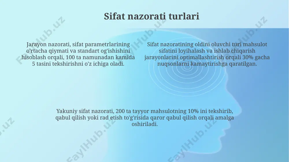 eradi va bu iqtisodiy jihatdan foydali hisoblanadi. sifat nazorati tizimini joriy etish, xarajatlarning 15-20% gacha kamayishiga olib kelishi va shu bilan birga mahsulot sifatini sezilarli darajada yaxshilashga yordam beradi. iso 9001 standartiga muvofiq sifat nazorati tizimi, 8 ta asosiy prinsipga asoslangan bo'lib, bu kompaniyaning samaradorligini va raqobatbardoshligini oshirishga yordam beradi. iso 9000 standartlari standart iso 9001 sertifikatiga ega bo'lish korxona uchun mijozlarning ishonchini oshirish, xarajatlarni kamaytirish va bozor raqobatbardoshligini kuchaytirish imkoniyatlarini beradi, bu 2000 yildan buyon qo'llaniladi. iso 9000 oilasi standartlari, jumladan iso 9001, iso 9004 va boshqalar, ishlab chiqarish jarayonlarining barcha bosqichlarida sifatni nazorat qilish va doimiy takomillashtirishga yo'naltirilgan 19 ta asosiy talabni o'z ichiga oladi. iso 9000 standartlari mahsulotlar va xizmatlar sifatini boshqarish tizimlarini yaratish va takomillashtirish uchun 8 ta asosiy prinsipga asoslangan xalqaro standartlar majmuasidir. e'tiboringiz uchun rahmat @taqdimot_robot image1.png