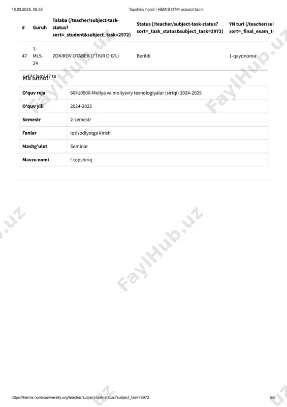 ps://hemis.nordicuniversity.org/teacher/subject-task-status?sort=_task_status&subject_task=2972 https://hemis.nordicuniversity.org/teacher/subject-task-status?sort=_final_exam_type&subject_task=2972 https://hemis.nordicuniversity.org/teacher/subject-task-status?sort=_final_exam_type&subject_task=2972 https://hemis.nordicuniversity.org/teacher/subject-task-status?sort=_final_exam_type&subject_task=2972 https://hemis.nordicuniversity.org/teacher/subject-task-status?sort=_final_exam_type&subject_task=2972 https://hemis.nordicuniversity.org/teacher/subject-task-status?sort=_final_exam_type&subject_task=2972 https://hemis.nordicuniversity.org/teacher/subject-task-status?sort=_final_exam_type&subject_task=2972 https://hemis.nordicuniversity.org/teacher/subject-task-status?sort=_final_exam_type&subject_task=2972 https://hemis.nordicuniversity.org/teacher/subject-task-status?sort=_final_exam_type&subject_task=2972 https://hemis.nordicuniversity.org/teacher/subject-task-status?sort=_final_exam_type&subject_task=2972 https://hemis.nordicuniversity.org/teacher/subject-task-status?sort=_final_exam_type&subject_task=2972 # guruh 23 1- mls- 24 qambardinova oʻlmasxon fazliddin qizi berildi 1-qaydnoma 24 1- mls- 24 rashidov salimboy baxrom oʻgʻli berildi 1-qaydnoma 25 1- mls- 24 raxmanova shaxzoda musratilla qizi berildi 1-qaydnoma 26 1- mls- 24 raxmatillayev muhiddin neʼmatullo oʻgʻli berildi 1-qaydnoma 27 1- mls- 24 raxmatov ruslan toʻlaganovich berildi 1-qaydnoma 28 1- mls- 24 rixsiboyeva nigina valiyevna berildi 1-qaydnoma 29 1- mls- 24 rixsiboyeva sarvinoz muzaffar qizi berildi 1-qaydnoma 30 1- mls- 24 roʻziyeva baxtigul nurali qizi berildi 1-qaydnoma 31 1- mls- 24 rustamov javohir ruslan oʻgʻli berildi 1-qaydnoma 32 1- mls- 24 ruziyev sunnatilla xojiakbar oʻgʻli berildi 1-qaydnoma 33 1- mls- 24 saidjonov xasanboy umid oʻgʻli berildi 1-qaydnoma 34 1- mls- 24 sarimsaqov kamronbek sharof oʻgʻli berildi 1-qaydnoma talaba (/teacher/subject-task- status? sort=_student&subject_task=
