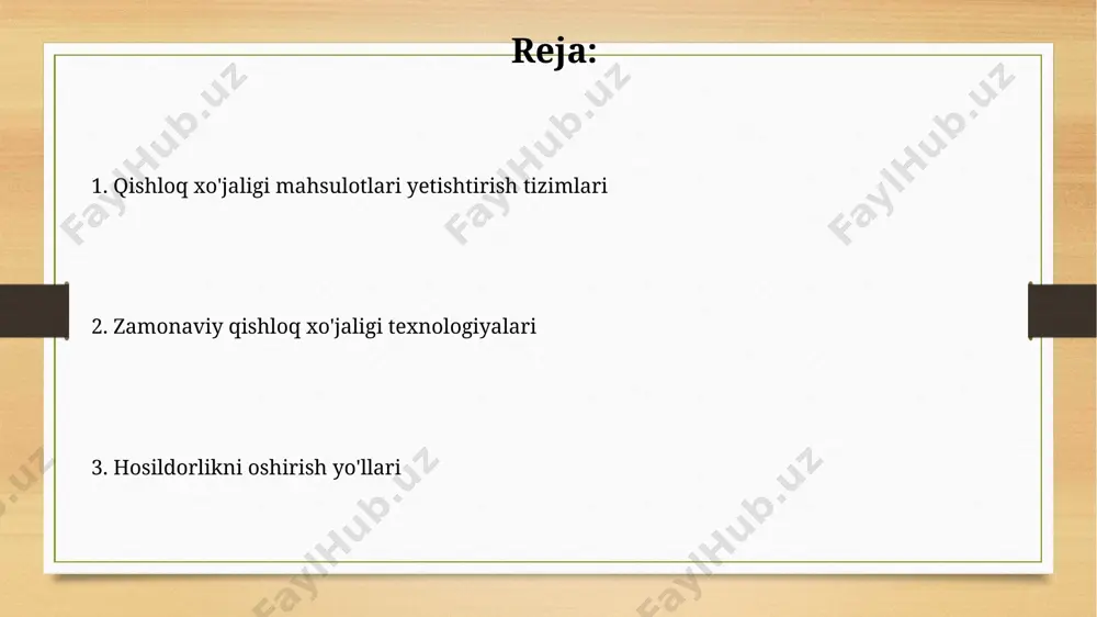 itlari tuproqning unumdorligi, o'simliklarning o'sishi va hosildorligi uchun muhim omil bo'lib, o'rtacha 20% dan 40% gacha hosil miqdoriga ta'sir qiladi. sug'orish suvining sifati va miqdori, ekinlarning o'sishi va rivojlanishiga sezilarli ta'sir ko'rsatadi, masalan, tuz miqdorining 5 ppt dan oshishi hosilga zarar yetkazadi. qishloq xoʻjaligi mahsulotlari yetishtirishga kirish organik o'g'itlarning qo'llanilishi tuproq unumdorligini 20% ga oshirib, kimyoviy o'g'itlarga bo'lgan ehtiyojni kamaytirib, atrof muhitni muhofaza qilishga yordam beradi. suv resurslaridan oqilona foydalanish, tomchilab sug'orish tizimini joriy etish orqali 25% gacha suv tejash va hosildorlikni 10-15% ga oshirish mumkin. bozor va marketing qishloq xoʻjaligi mahsulotlarining elektron savdosi 2023-yilda 5% ga oʻsdi, bu onlayn marketing kanallarini rivojlantirishning muhimligini ta'kidlaydi. oʻzbekistonning qishloq xoʻjaligi mahsulotlari bozorida 2022-yilda 15% ga yaqin oʻsish kuzatildi, bu asosan eksport hajmining ortishi bilan bogʻliq. kelajakdagi istiqbollar 2030-yilga kelib, vertikal fermerlik va gidroponika kabi yangi yetishtirish usullarining ulushi 5% dan 10% gacha o'sishi va oziq-ovqat mahsulotlariga bo'lgan talabni qondirishda muhim rol o'ynashi …