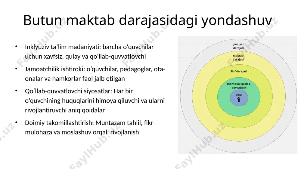 tering violence at home, boy with visual impairments, student who cannot concentrate). mix the schools - fostering the relationship between the schools 4 o'quvchi profili - amina o'quvchi kim? amina chekka qishloqda istiqomat qiladi va bolaligidagi kasallik tufayli nogironlar aravachasida yuradi. u panduslar va moslashtirilgan hojatxonalar kabi zaruriy qulayliklar bo'lmagan umumta'lim maktabda o'qiydi. ushbu to'siqlarga qaramay, amina kuchli vizual o'rganish qobiliyatini va rasm chizishga qiziqishini namoyish etadi. oilasi uni qo'llab-quvvatlamoqda va u o'zbek va qoraqalpoq tillarida bemalol muloqot qiladi. amina bilimga chanqoq, lekin maktabdagi infratuzilmaviy va yondashuvdagi kamchiliklar tufayli ko'pincha jismoniy mashg'ulotlardan va tengdoshlari bilan muloqot qilishda qiyinchiliklarga yuz tutadi. maktabda (qulayliklar, ishtirok etish, o'rganish)? panduslar, moslashtirilgan hojatxonalarni o'z ichiga olgan infratuzilmani yaratish. o'qituvchilarni inklyuziv sinf strategiyalari bo'yicha ko'nikmalarini oshirish. moslashtirilgan formatlar orqali sinf va ko‘ngilochar tadbirlarda ishtirok etishni ta'minlash. ijtimoiy inklyuzivlikni rag'batlantirish uchun tengdoshlari o‘rtasida qo'llab-quvvatlash muhitini yaratish. maqsadlar, motivatsiyalar va intilishlar: o'qish va ishtirok etish uchun yuqori motivatsiyaga …