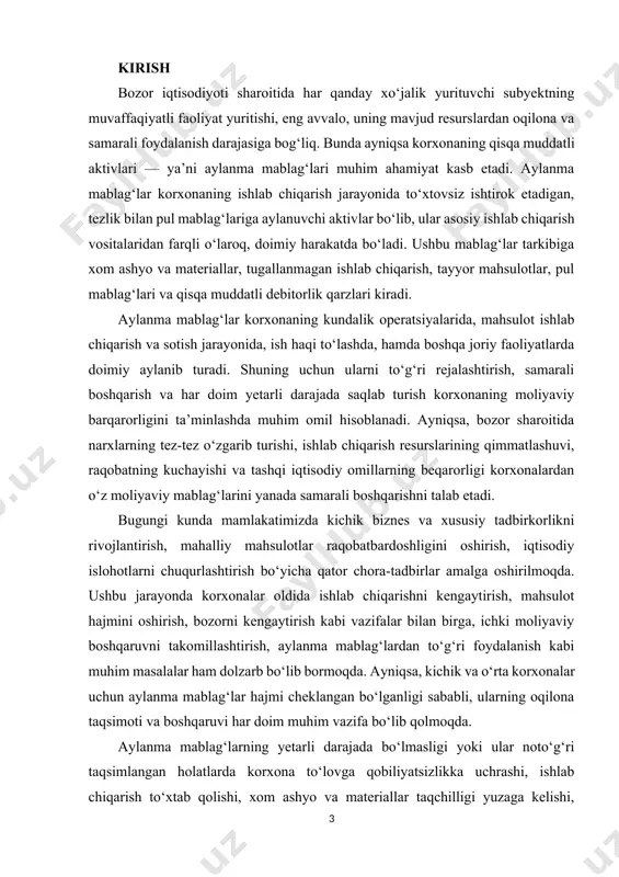 ta’sir qiladi. shuningdek, bugungi kunda korxona faoliyatida samarali moliyaviy boshqaruv usullarini qo‘llash, zamonaviy tahlil metodlari asosida boshqaruv qarorlarini qabul qilish orqali aylanma mablag‘lardan maksimal darajada samarali foydalanish zarur bo‘lib bormoqda. ushbu kurs ishining maqsadi — korxonadagi aylanma mablag‘larning holatini tahlil qilish, ularning tarkibi va aylanish jarayonini chuqur o‘rganish, mavjud muammolarni aniqlash va ularni samarali boshqarish bo‘yicha amaliy tavsiyalar ishlab chiqishdan iboratdir. shu bilan birga, kurs ishida aylanma mablag‘lar samaradorligini oshirishga qaratilgan zamonaviy yondashuvlar, chet el tajribalari va ularni milliy amaliyotga moslashtirish imkoniyatlari ham yoritilgan. kurs ishi obyekti sifatida tanlangan korxona moliyaviy ko‘rsatkichlari asosida aylanma mablag‘larning tahlili o‘tkazilib, ularning boshqaruvi samaradorligini oshirish bo‘yicha xulosa va takliflar ishlab chiqiladi. natijada, korxonaning moliyaviy holatini mustahkamlash, ishlab chiqarish barqarorligini ta’minlash va iqtisodiy samaradorlikka erishish uchun zarur shart-sharoitlar yaratishga xizmat qiluvchi tavsiyalar ishlab chiqarilgan ushbu jarayonlar "parvoz komfort ixtisoslashtirilgan ta`mir-qurilish" mas'uliyati cheklangan jamiyat da olib borilgan va har bir moliyaviy ko’rsatkichlar tahlil qilingan. kurs ishining …