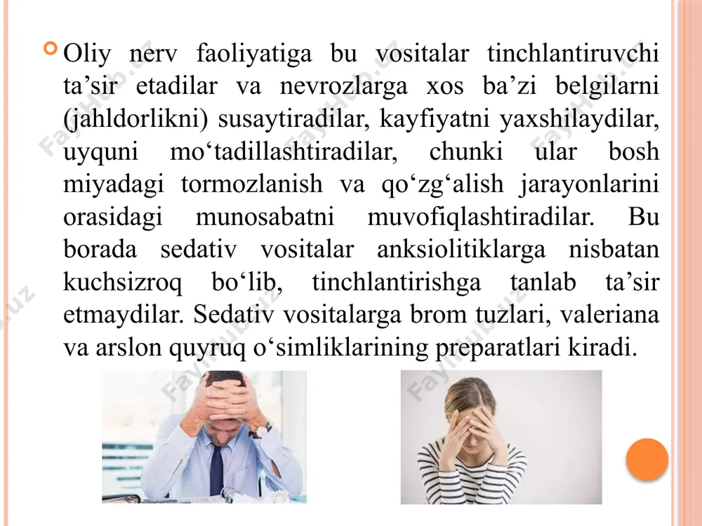 eradi, ayniqsa keksa va qariyalarda. brom tuzlariga o‘rganish, ko‘nikish, ruhiy va jismoniy tobelik (karamlik) rivojlanmaydi. valeriana preparatlari- (tindirma, ekstrakt). valeriana o‘simligining ildizidan tayyorlanadi. tarkibida izovalerian va valerian kislotalari, borneol bor. valeriana preparatlari mnsga tinchlantiruvchi ta’sir etadi, uxlatuvchi dorilarning ta’sirini kuchaytiradi, ichki a’zolarning silliq mushaklarini bo‘shashtiradigan spazmolitik ta’sir ko‘rsatadi. mnsning qo‘zg‘atuvchanligini kamaytiradi. asabni buzilishlari (serjahllik, qo‘zg‘alish), yurak qon tomir sistemasining nevrozlarida, uyqusizlikda, mitning spazmlarida qo‘llaniladi, ko‘p hollarda boshqa tinchlantiruvchi va yurakka ta’sir etuvchi dorilar bilan birga ishlatiladi. karvalol, valokardin tarkibiga kiradi. arslon quyruq o‘tining preparatlari arslon quyruq o‘tining preparatlari - tarkibida efir moylari, saponinlar, burushtiruvchi moddalar, alkaloidlar bor. mnsga tinchlantiruvchi ta’sir ko‘rsatadi. xossalari bo‘yicha valeriana preparatiga o‘xshab ketadi. anksiolitiklar anksiolitiklarning (anxius-hayajon, qo‘rquv qamragan, lysis-eritish) asosiy xossalari bu hayajon, qo‘rquv, bezovtalanish, tajavuzkorlik, tez jahl chiqish kabi belgilarni bartaraf etishdir. ular ta’sirida tinchlantirish, atrof muhitga befarqlik, bosiqlik, kamxarakatlik rivojlanadi. anksiolitiklarni asosan nevrotik va nevrozsimon (reaktiv) xolatlarda qo‘llaniladi. psixozlarda ular samarasizdirlar. ankisiolitiklar sifatida eng …