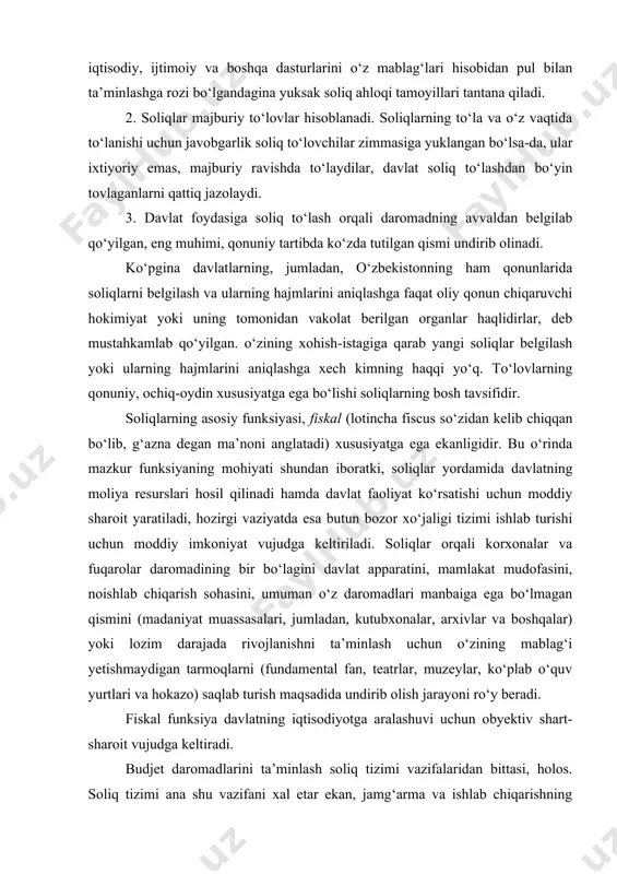 an tarmoqlarni (fundamental fan, teatrlar, muzeylar, ko‘plab o‘quv yurtlari va hokazo) saqlab turish maqsadida undirib olish jarayoni ro‘y beradi. fiskal funksiya davlatning iqtisodiyotga aralashuvi uchun obyektiv shart-sharoit vujudga keltiradi. budjet daromadlarini ta’minlash soliq tizimi vazifalaridan bittasi, holos. soliq tizimi ana shu vazifani xal etar ekan, jamg‘arma va ishlab chiqarishning o‘sish jarayonlariga to‘sqinlik qilmasligi, ijtimoiy adolatni buzmasligi, xalq xo‘jaligi tuzilishida buzilishlar va chetga chiqishlar sodir bo‘lishiga yo‘l qo‘ymasligi, bozor jarayoniga putur yetkazmasligi zarur. soliqlarning yana bir muhim funksiyasi iqtisodiy (tartibga soluvchi) vazifani ado etishidir. davlat soliqlar orqali ishlab chiqarish sharoitlarini, tovarlar va xizmatlarning sotilishini tartibga solib boradi, iqtisodiy faoliyat uchun muayyan "soliq iqlimi" yaratadi. soliqlar o‘zining iqtisodiy funksiyasi orqali takror ishlab chiqarishga ta’sir ko‘rsatadi, uning o‘sish sur’atlarini rag‘batlantiradi yoki pasaytiradi, mablag‘ to‘planishini tezlashtiradi yoki sekinlashtiradi, aholining to‘lov qobiliyati talabini kengaytiradi yoki kamaytiradi. sof raqobatli bozor munosabatlari sharoitida ishlab chiqarish amalda soliqlar ta’siridan holi bulur edi. ishlab chiqarish kuchlarining barq urib rivojlanishi …