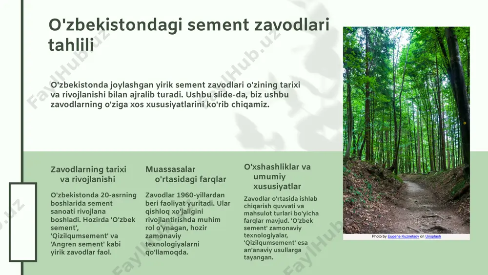 sement sanoatida innovatsiyalar ishlab chiqarish jarayonini takomillashtirmoqda. yangi texnologiyalar va materiallar yordamida samaradorlik oshmoqda. o'zbekistonda ekologik toza texnologiyalarni joriy etish va yangi ishlab chiqarish usullarini qo'llash bilan sement ishlab chiqarish sohasidagi innovatsion yondashuvlar kuchaymoqda. photo by dana andreea gheorghe on unsplash 04.26.24 sement ishlab chiqarish hajmi o'zbekistonda sement ishlab chiqarish hajmi so'nggi yillarda sezilarli darajada oshdi. 2022-yilda mamlakatda 8 million tonna sement ishlab chiqarildi, bu 2021-yilga nisbatan 15% ko'proqdir. o'zbekiston sement sanoati o'sish sur'atlari bilan ajralib turadi va bu, asosan, infratuzilma loyihalari va qurilish sektorining rivojlanishi bilan bog'liq. o'tgan yillarda sement ishlab chiqarish hajmi ko'rsatkichlari quyidagi asosiy indikatorlar bilan tahlil qilinadi: 1. ishlab chiqarilgan sementning o'zgarishi; 2. ichki talab; 3. eksport salohiyati. 2020-yildan 2022-yilgacha sement ishlab chiqarish hajmi har yili ortib bormoqda, bu esa mamlakat iqtisodiyotining barqarorligini hamda qurilish sohasidagi investitsiyalarni oshirishni ko'rsatadi. 04.26.24 1 2 04.26.24 ishlab chiqarish dinamikasi o'zbekistonda sement ishlab chiqarish jarayoni o'zbekistonda sement ishlab chiqarish dinamikasi …