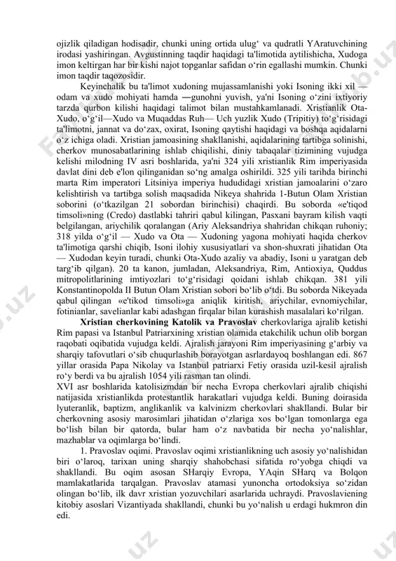rish, isoning qaytishi haqida va boshqa aqidalarni o‘z ichiga oladi. xristian jamoasining shakllanishi, uning aqidalarini tartibga solinishi, cherkov munosabatlarining ishlab chiqilishi, diniy tabaqalar tuzumining vujudga kelishi eramizning iv asr boshlarida 324 yili xristianlik rim imperiyasida davlat dini deb e'lon qilinganidan so‘ng amalga oshdi. 325 yili tarixda birinchi marta rim imperatori lisiniya imperiya hududidagi xristian jamoalarini o‘zaro kelishtirish va tartibga solish maqsadida nikey shahrida i butun olam xristian soborini chaqirdi. 381 yili konstantinopolda ii butun olam xristian sobori bo‘lib o‘tdi. bu soborlarda xristianlik ta'limotining asoslari qabul qilindi va bu asoslar 12 qismda ifodalandi. birinchi qismda olamni yaratgan xudo haqida so‘z yuritiladi. ikkinchi qismda xudoning o‘g‘li isus xristosga imon keltirish haqida so‘z boradi. uchinchi qismda ilohiy mujassamlashuv haqida so‘z yuritilib, unga ko‘ra, iso xudo bo‘la turib, bokira bibi maryamdan tug‘ilgan va inson qiyofasiga kirgan. to‘rtinchi qismda isoning azob-uqubatlari va o‘limi haqida so‘z ketadi. bu gunohlarning kechirilishi haqidagi aqidadir. bunda isoning tortgan azoblari …